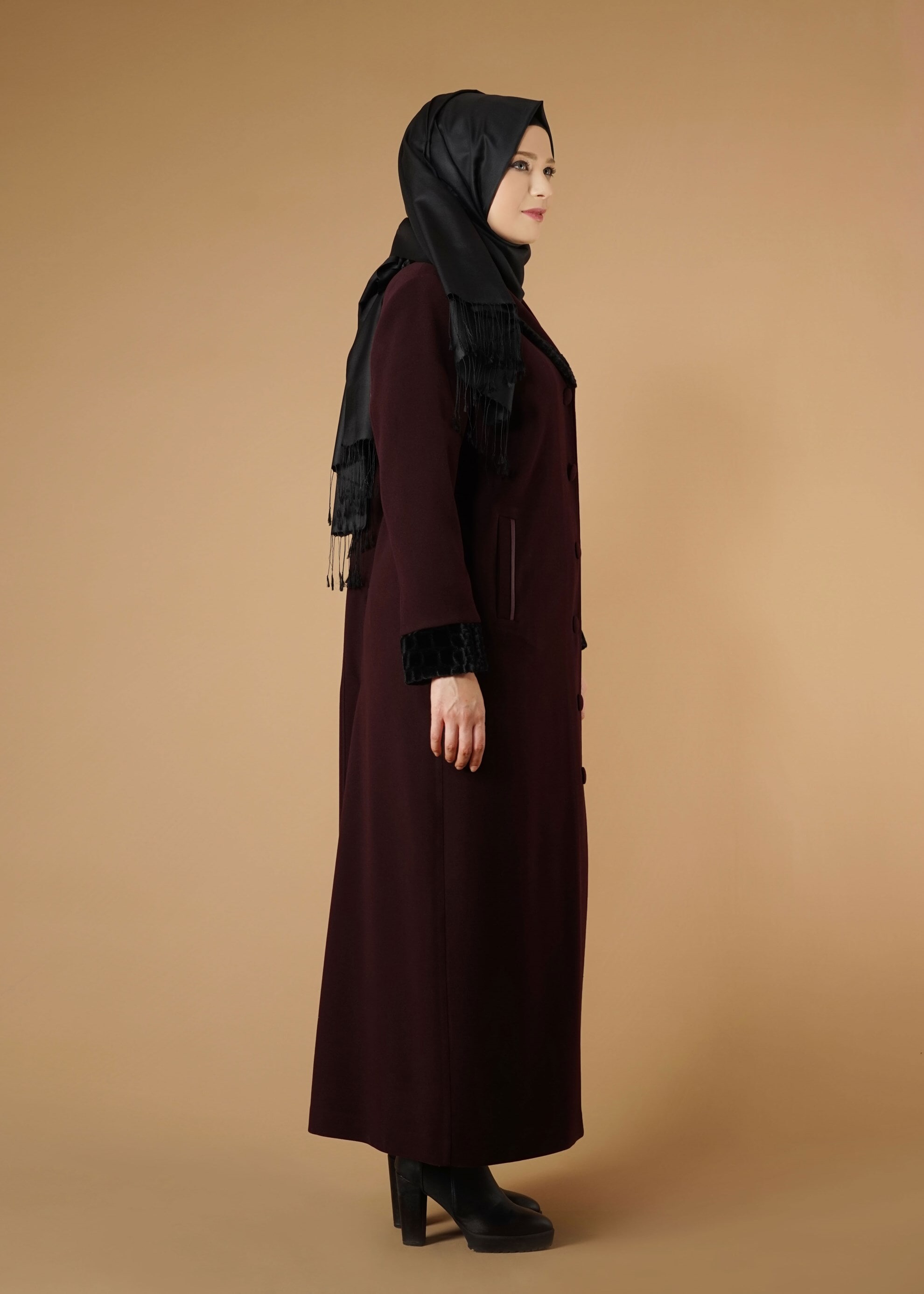Hijab clothing CLARET RED BUTTONED COAT 9577 