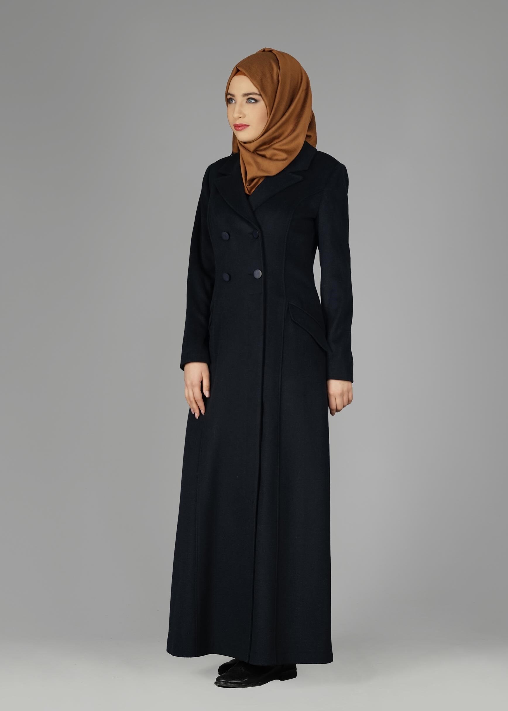 Tesettür giyim LACİVERT CEP DETAYLI DÜĞMELİ MANTO 9583