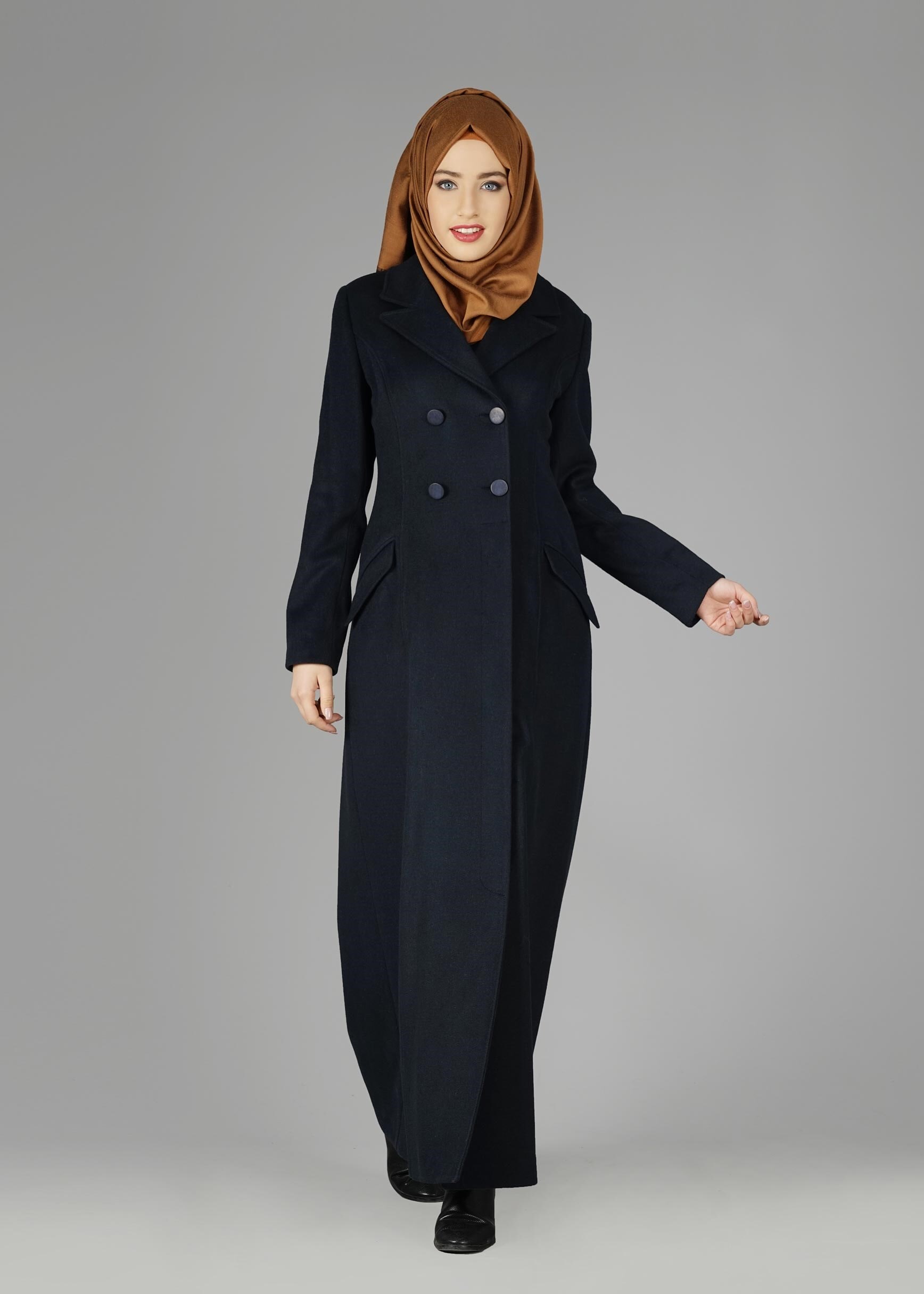 Tesettür giyim LACİVERT CEP DETAYLI DÜĞMELİ MANTO 9583