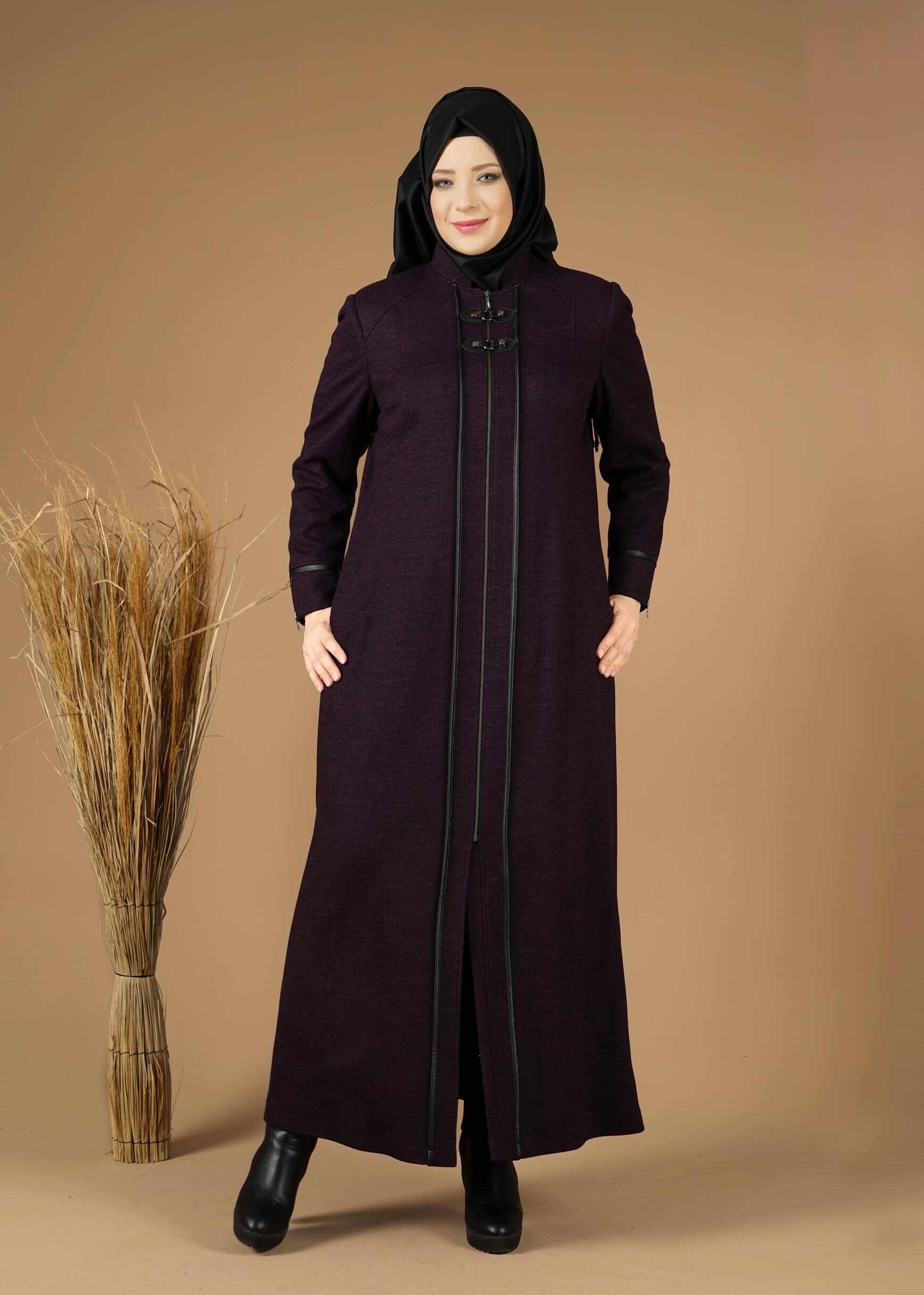 Tesettür giyim MÜRDÜM FERMUARLI KAŞE MANTO 9588