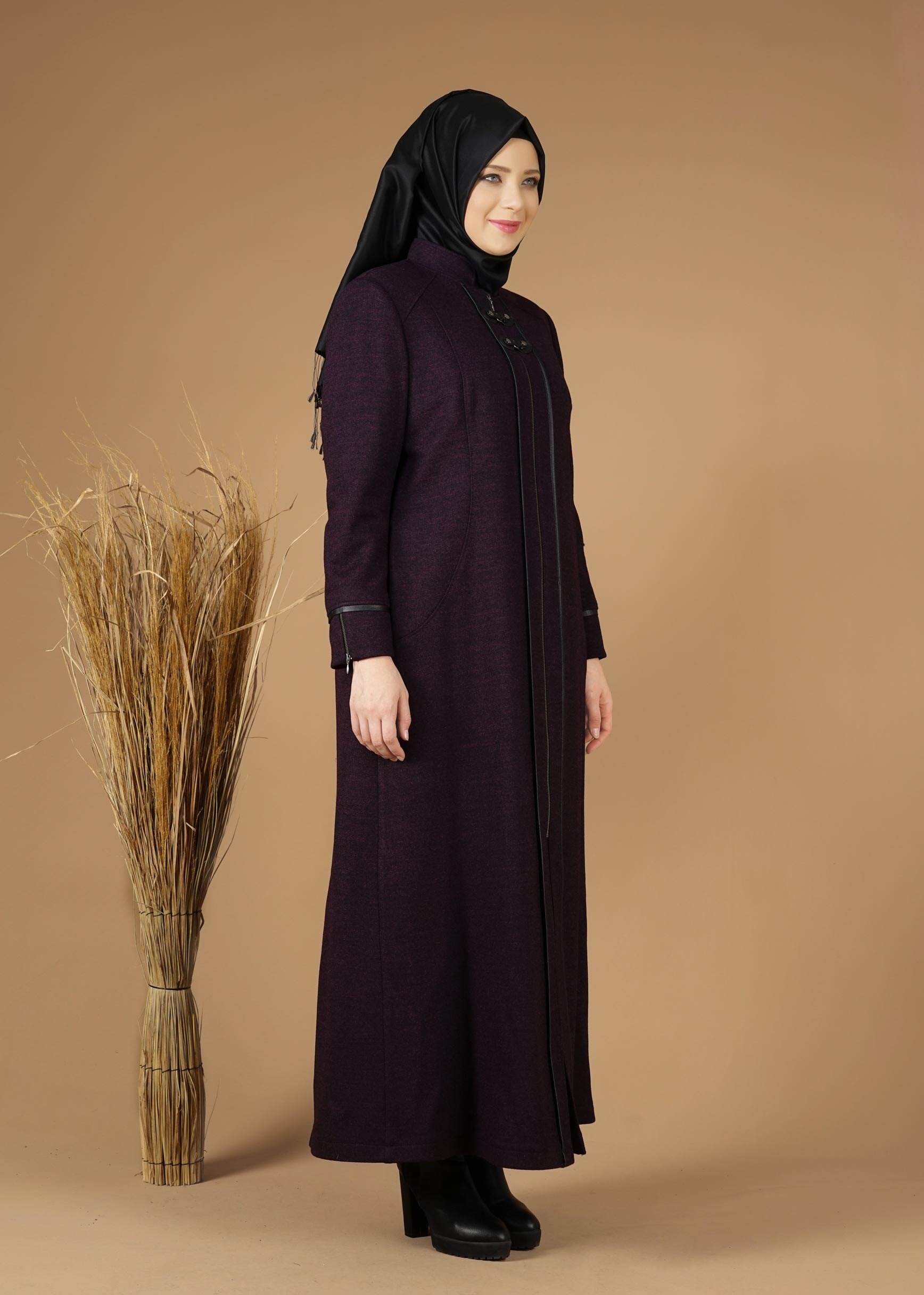 Tesettür giyim MÜRDÜM FERMUARLI KAŞE MANTO 9588