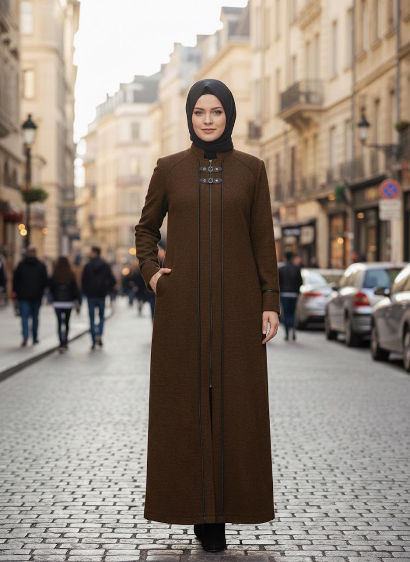 Tesettür giyim KAHVE FERMUARLI KAŞE MANTO 9588