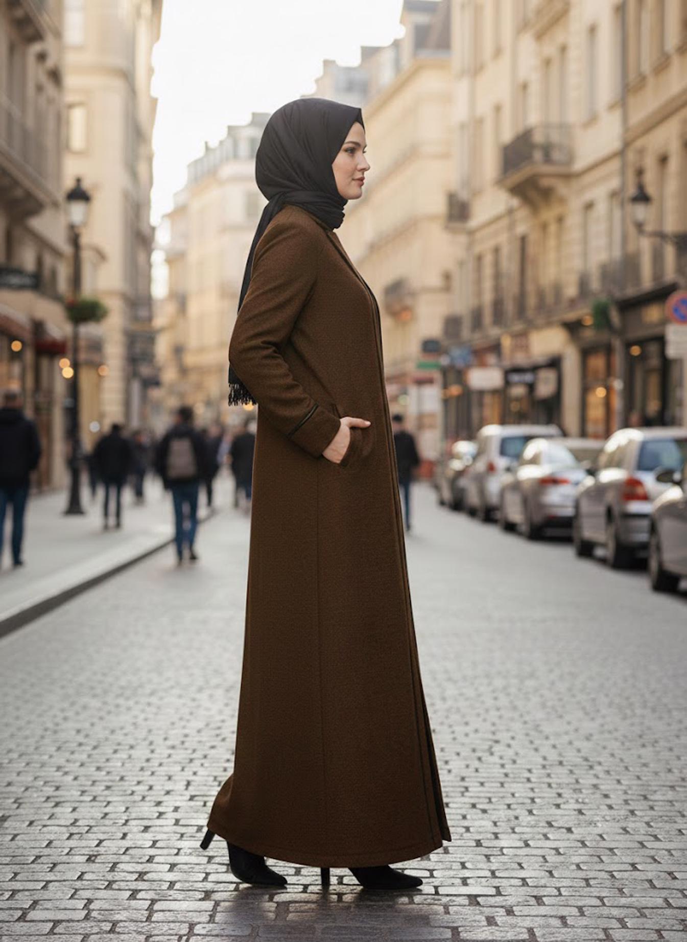 Tesettür giyim KAHVE FERMUARLI KAŞE MANTO 9588