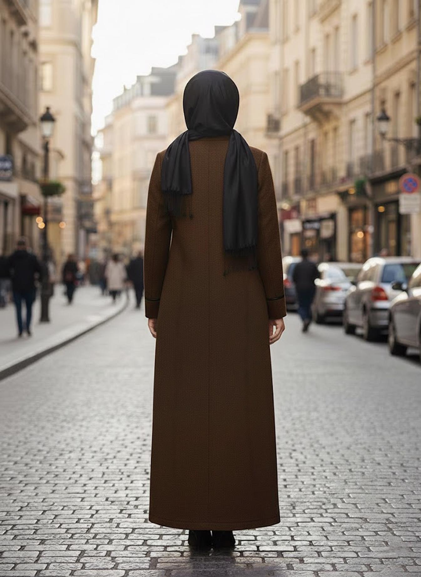 Tesettür giyim KAHVE FERMUARLI KAŞE MANTO 9588