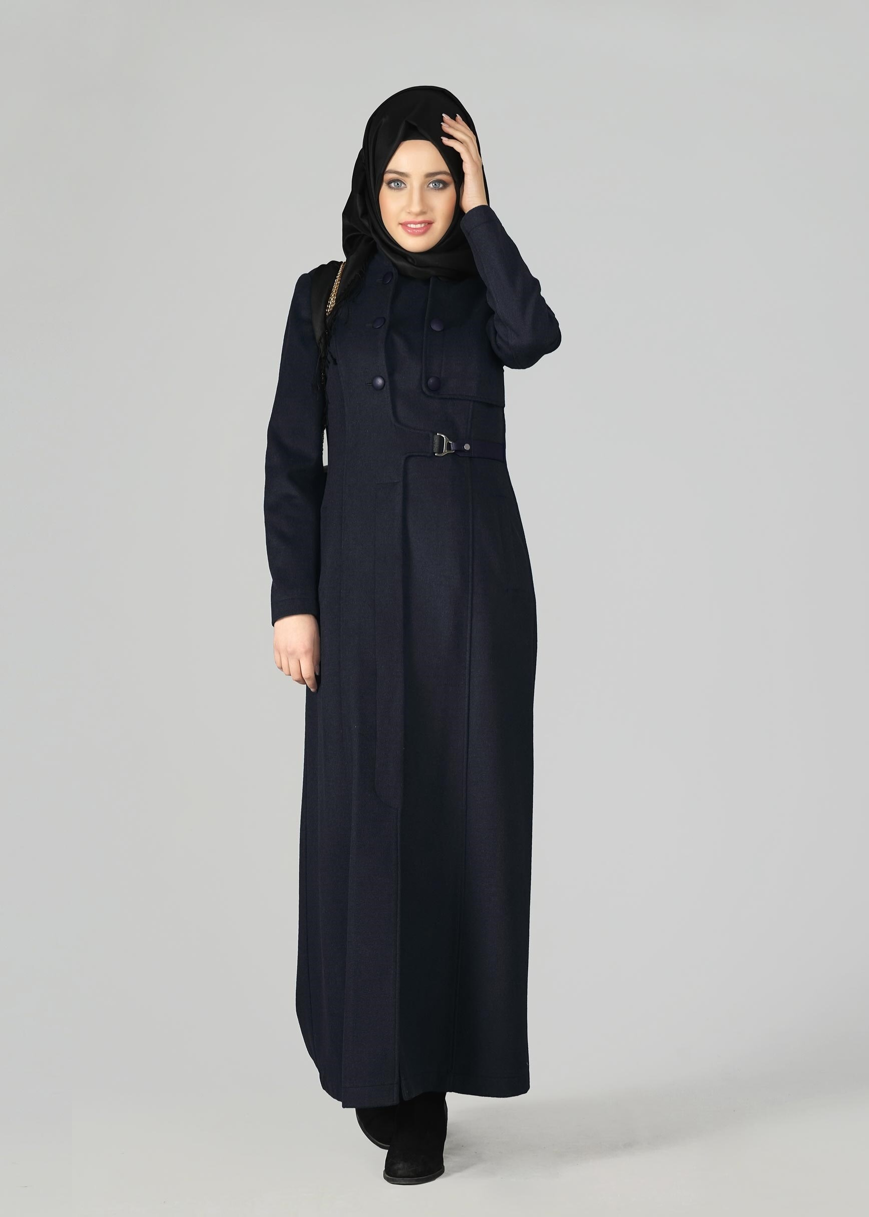 Tesettür giyim LACİVERT DÜĞME DETAYLI MANTO 9590