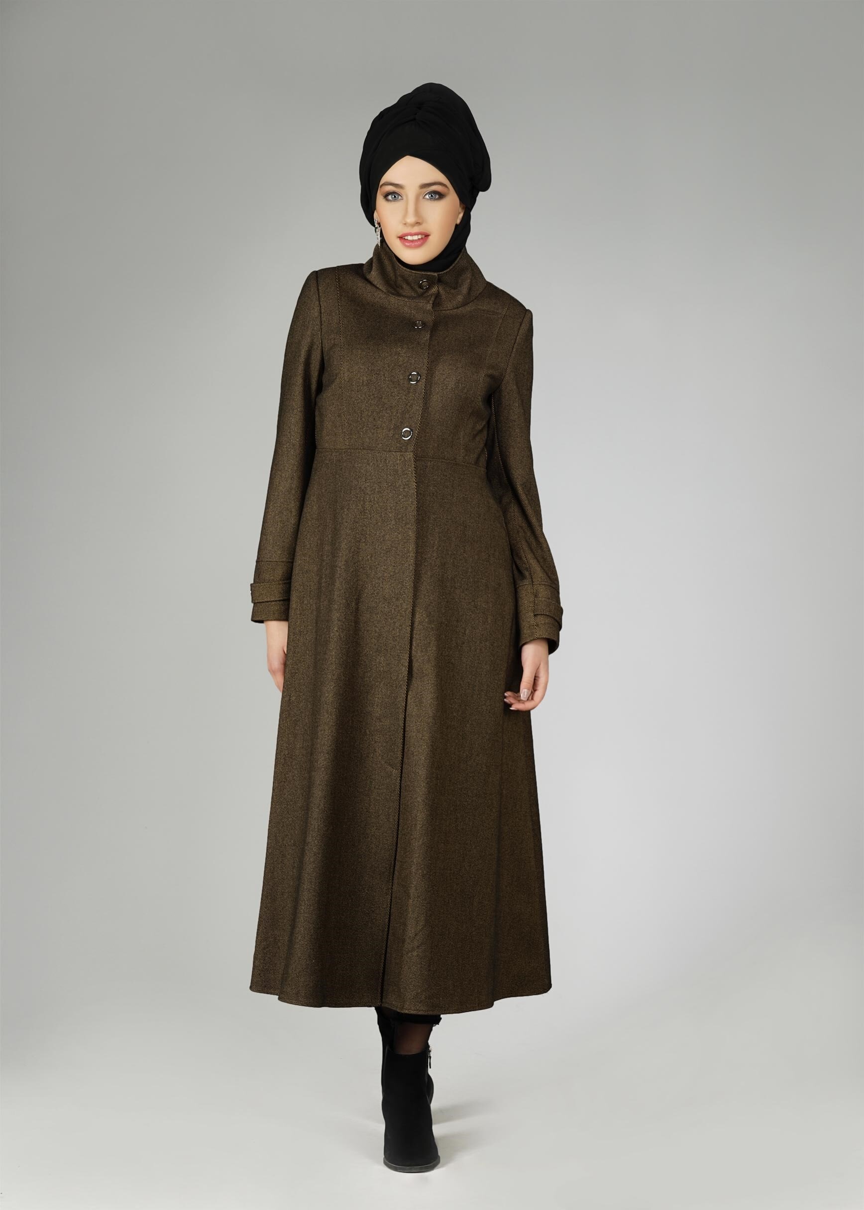 Tesettür giyim KAHVE HAKİM YAKA MANTO 9591