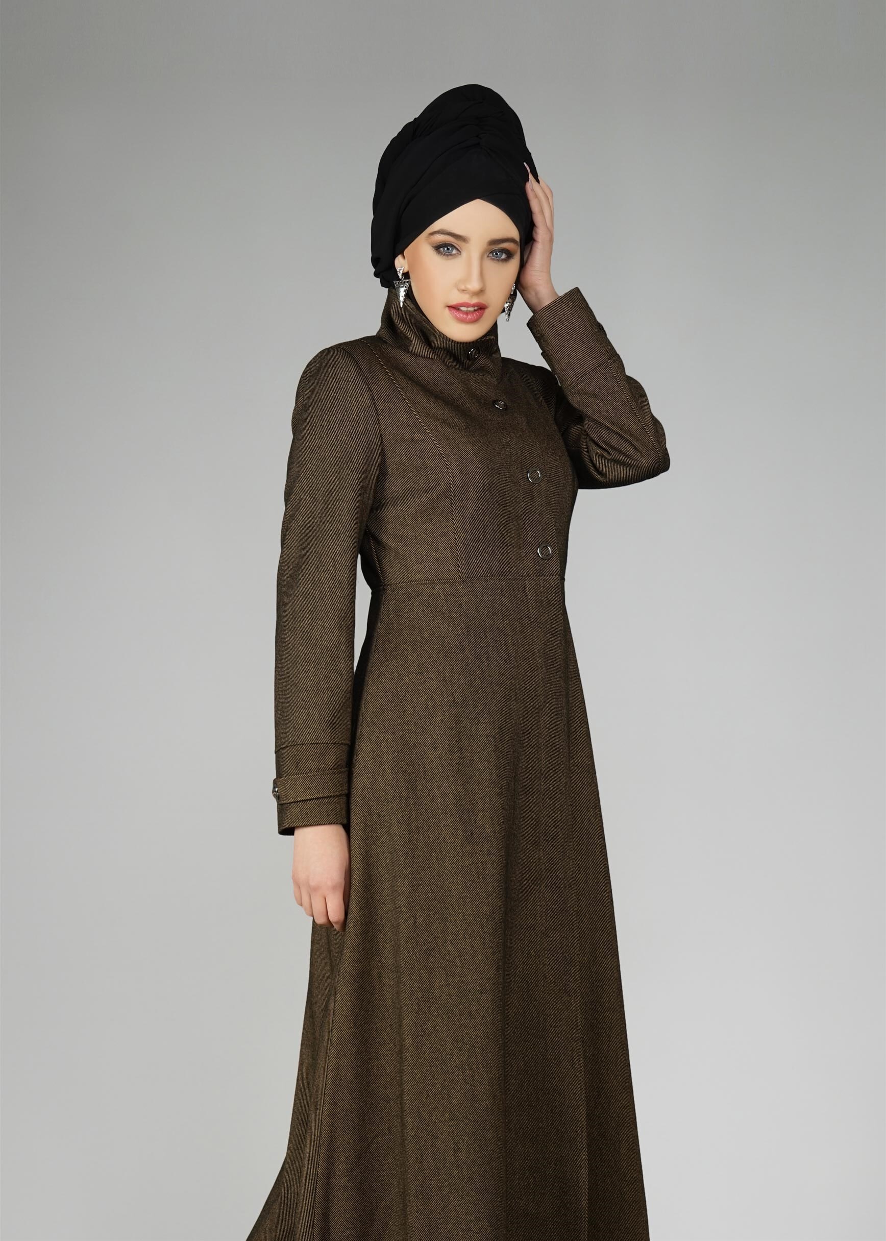 Tesettür giyim KAHVE HAKİM YAKA MANTO 9591