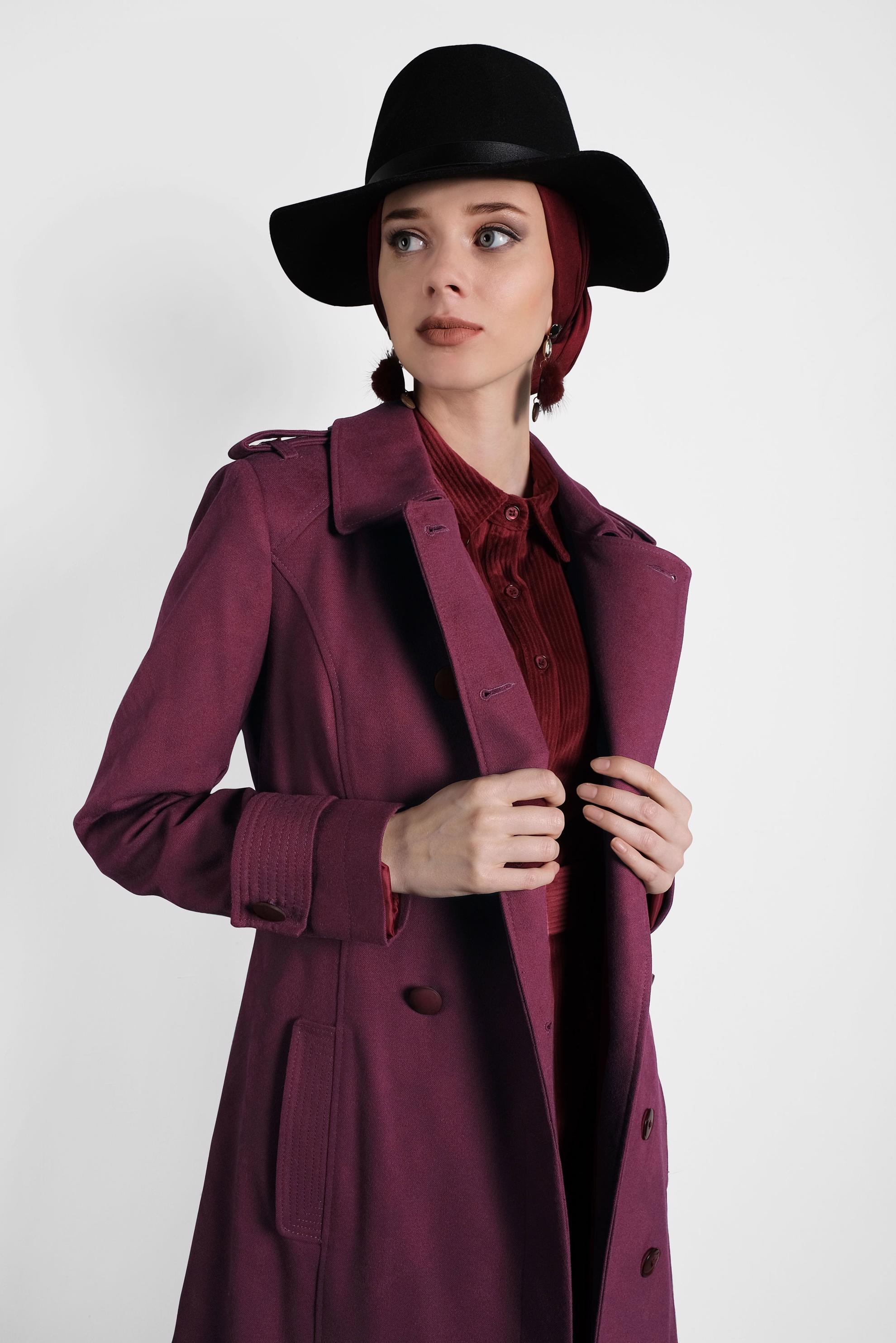 Tesettür giyim MÜRDÜM KUŞAKLI DÜĞMELİ MANTO 9592