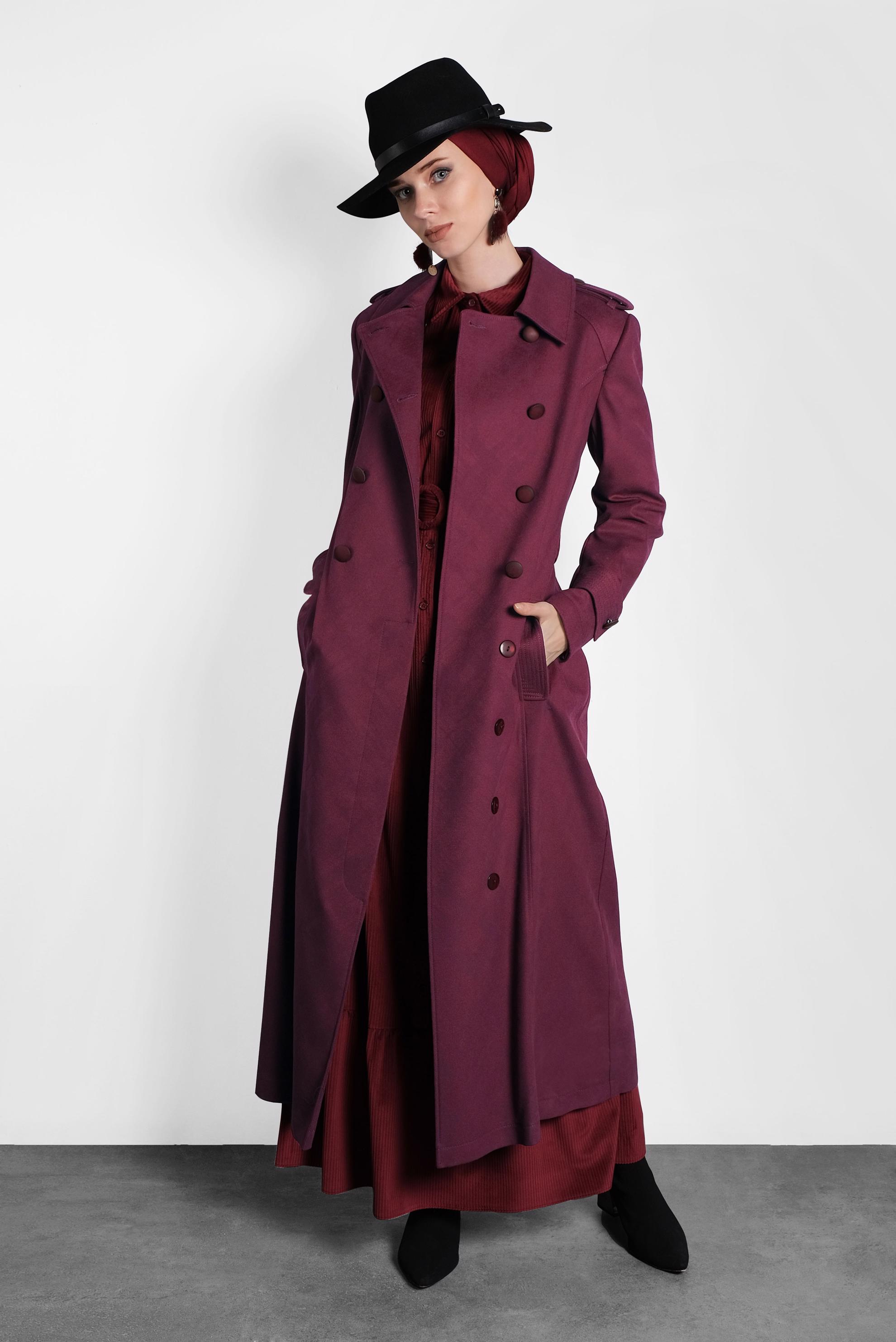 Tesettür giyim MÜRDÜM KUŞAKLI DÜĞMELİ MANTO 9592