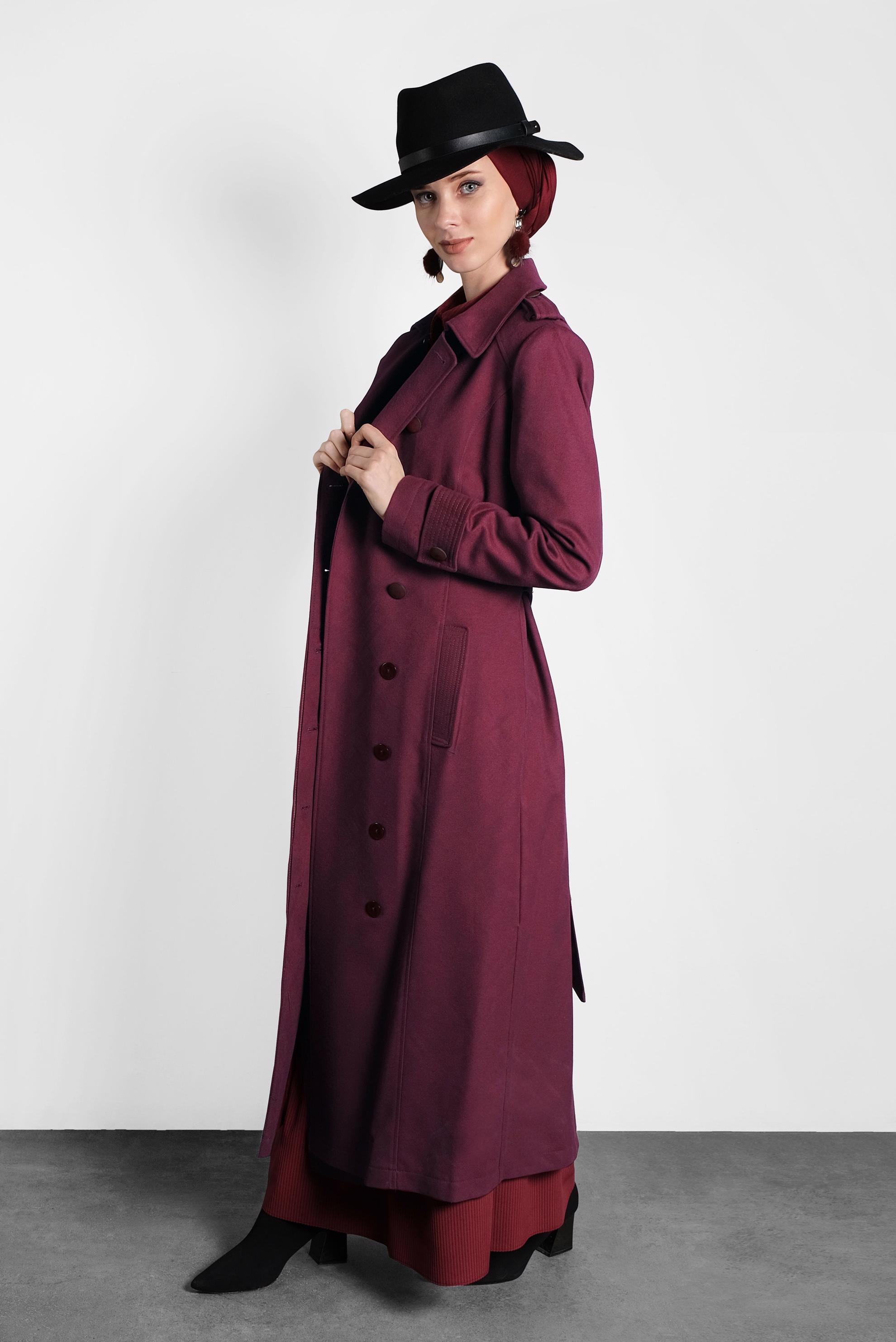 Tesettür giyim MÜRDÜM KUŞAKLI DÜĞMELİ MANTO 9592