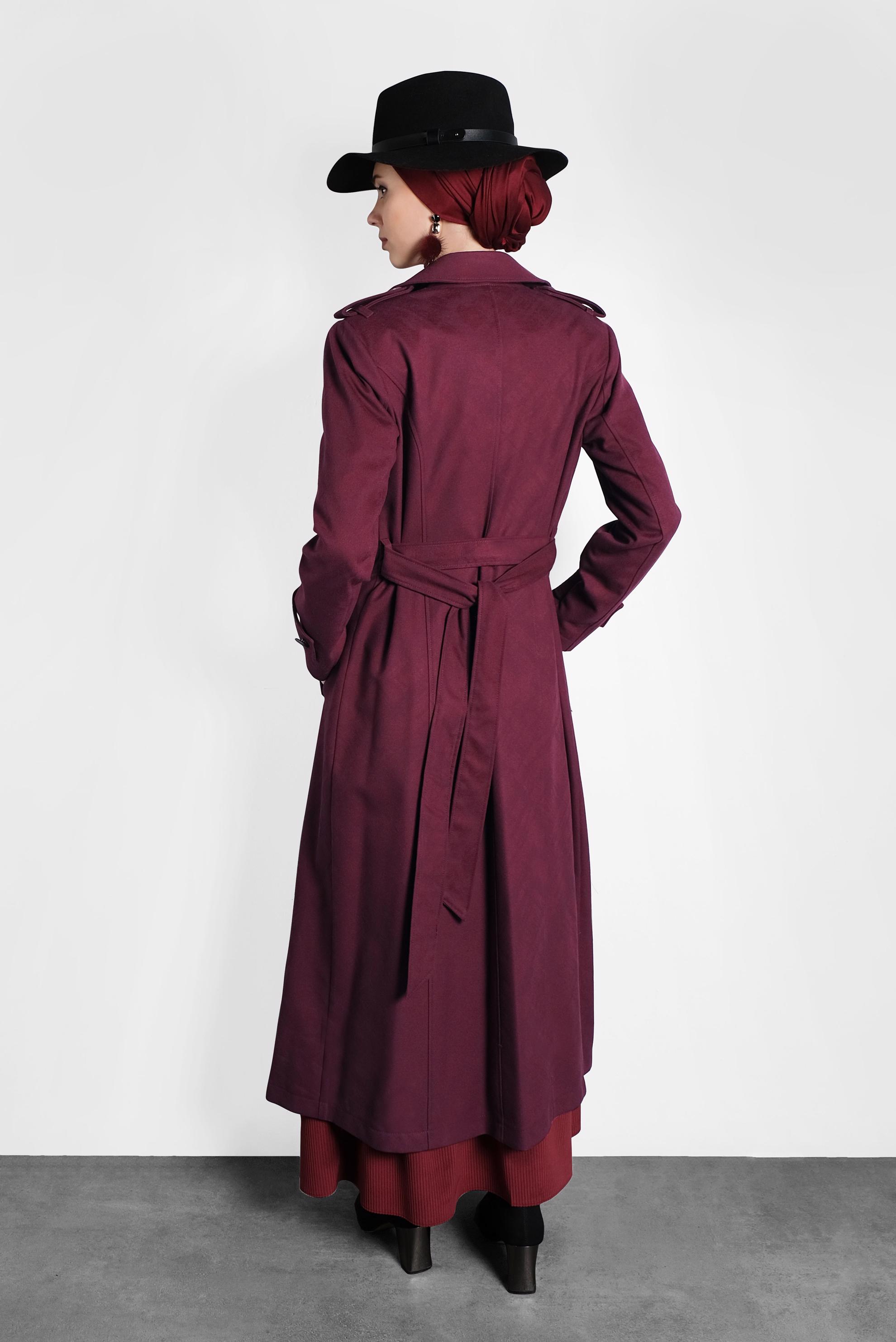 Tesettür giyim MÜRDÜM KUŞAKLI DÜĞMELİ MANTO 9592