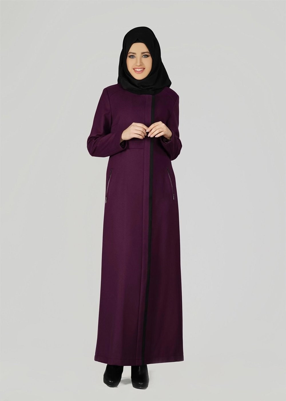 Tesettür giyim MOR FERMUARLI CEPLİ MANTO 9602
