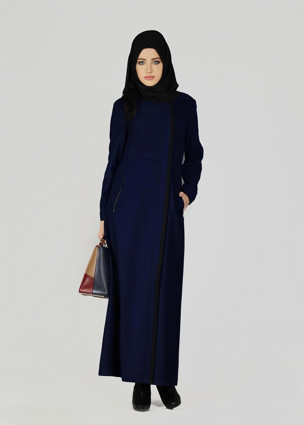 Tesettür giyim LACİVERT FERMUARLI CEPLİ MANTO 9602