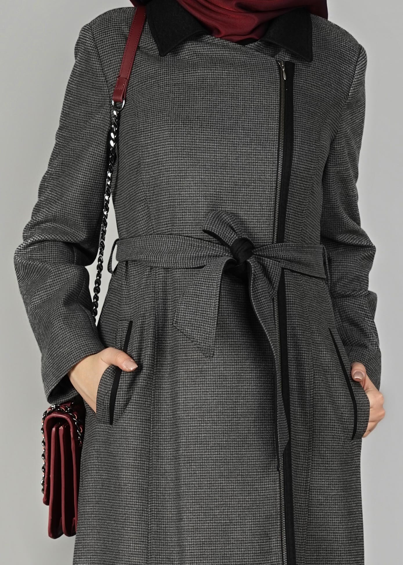 Tesettür giyim GRİ ERKEK YAKA FERMUARLI MANTO 9603