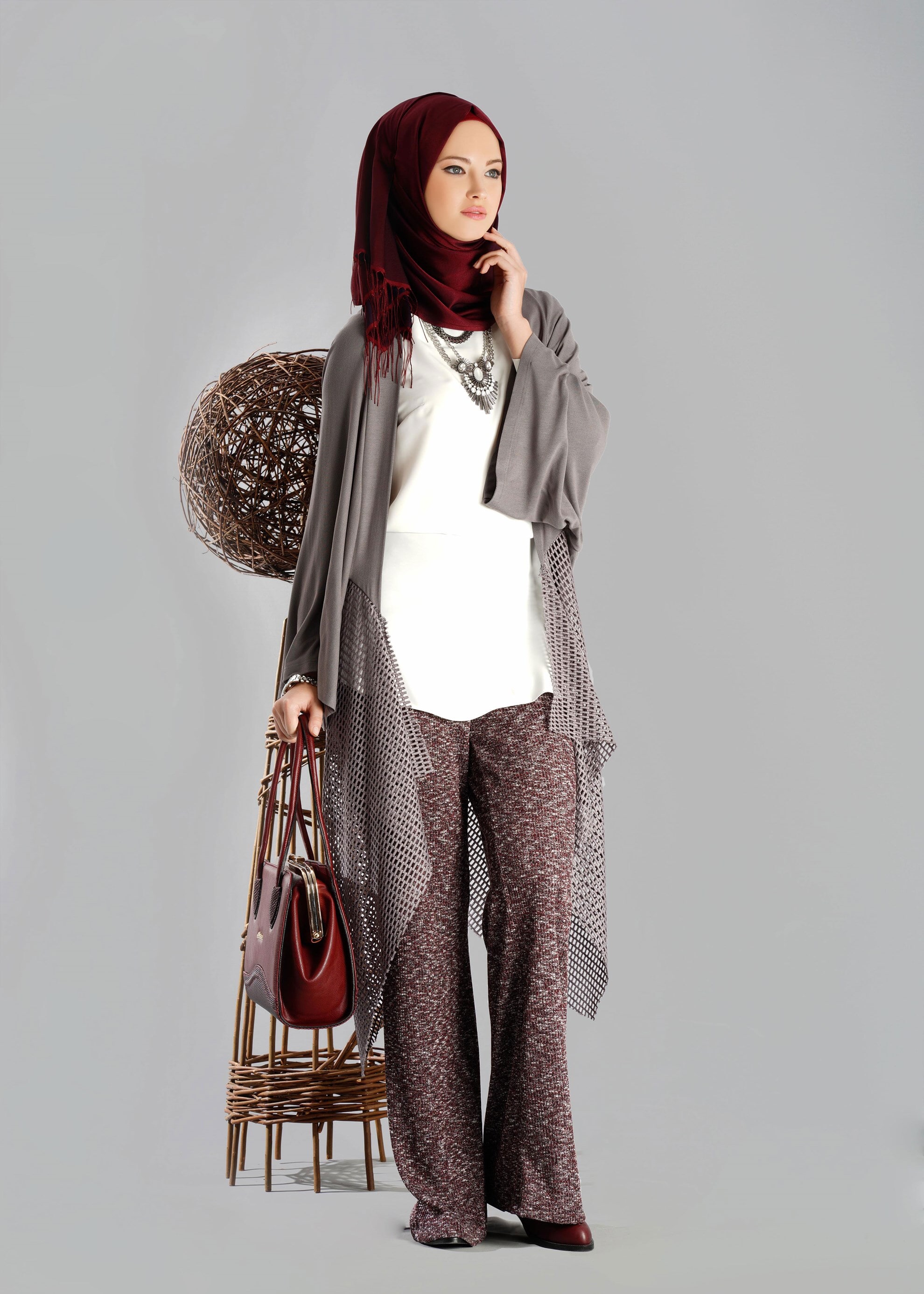 Tesettür giyim BORDO ÖRME PANTOLON 7023 
