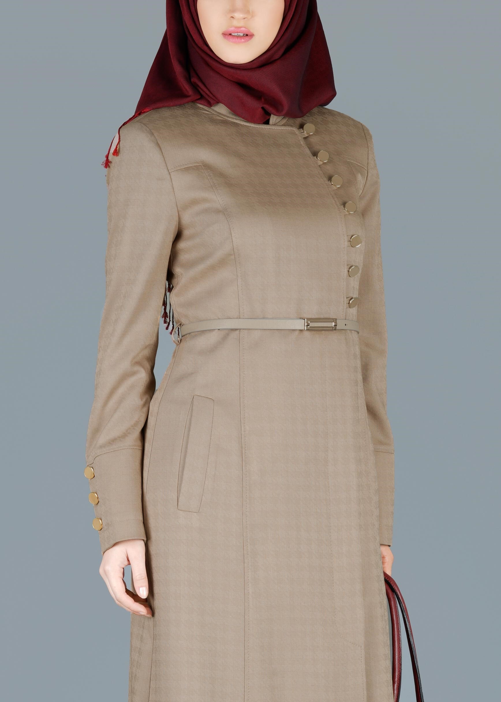 Tesettür giyim KAHVE DÜĞME DETAYLI KEMERLİ PARDESÜ 1854