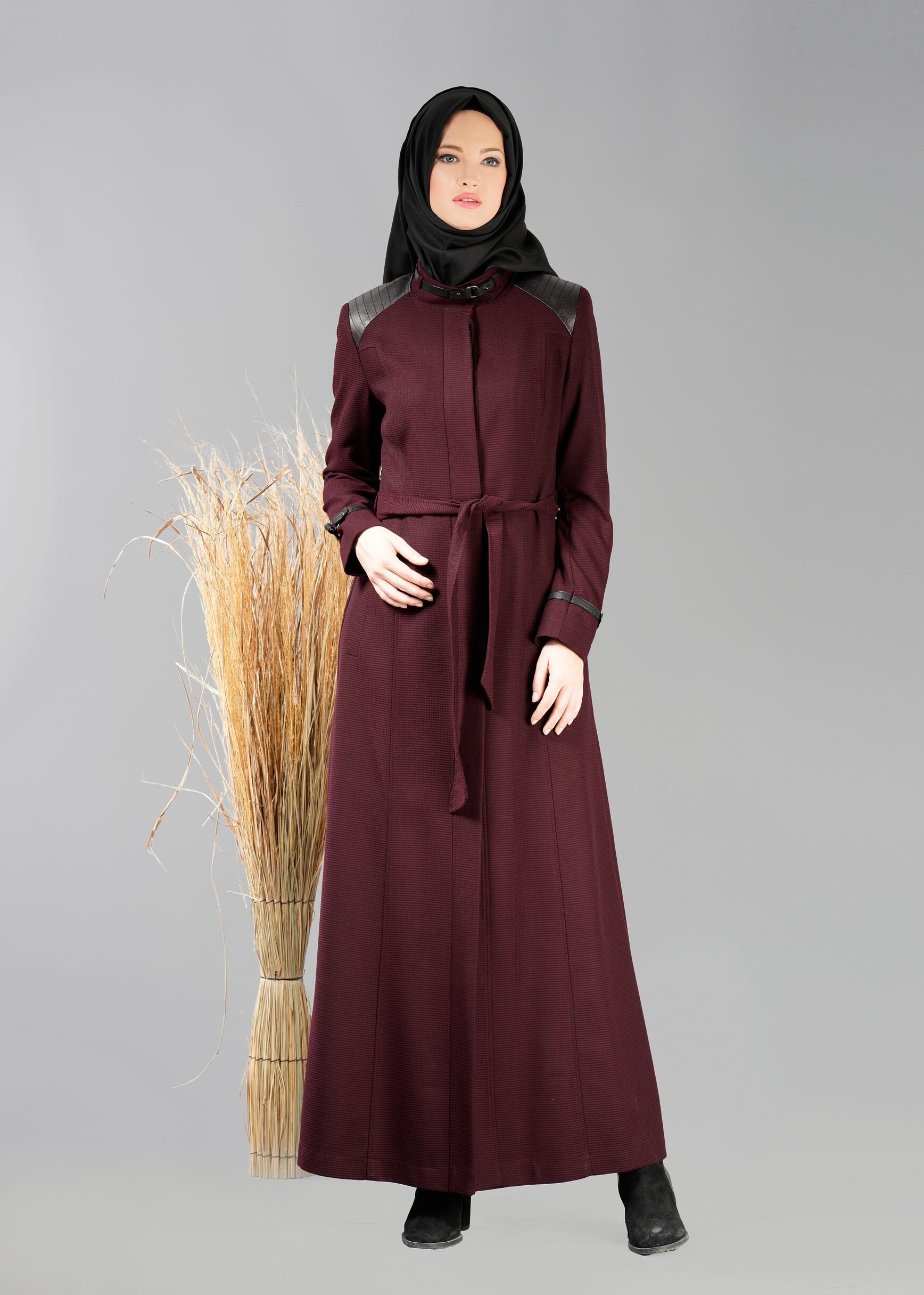 Tesettür giyim MÜRDÜM DOKULU KUŞAKLI PARDESÜ 1872