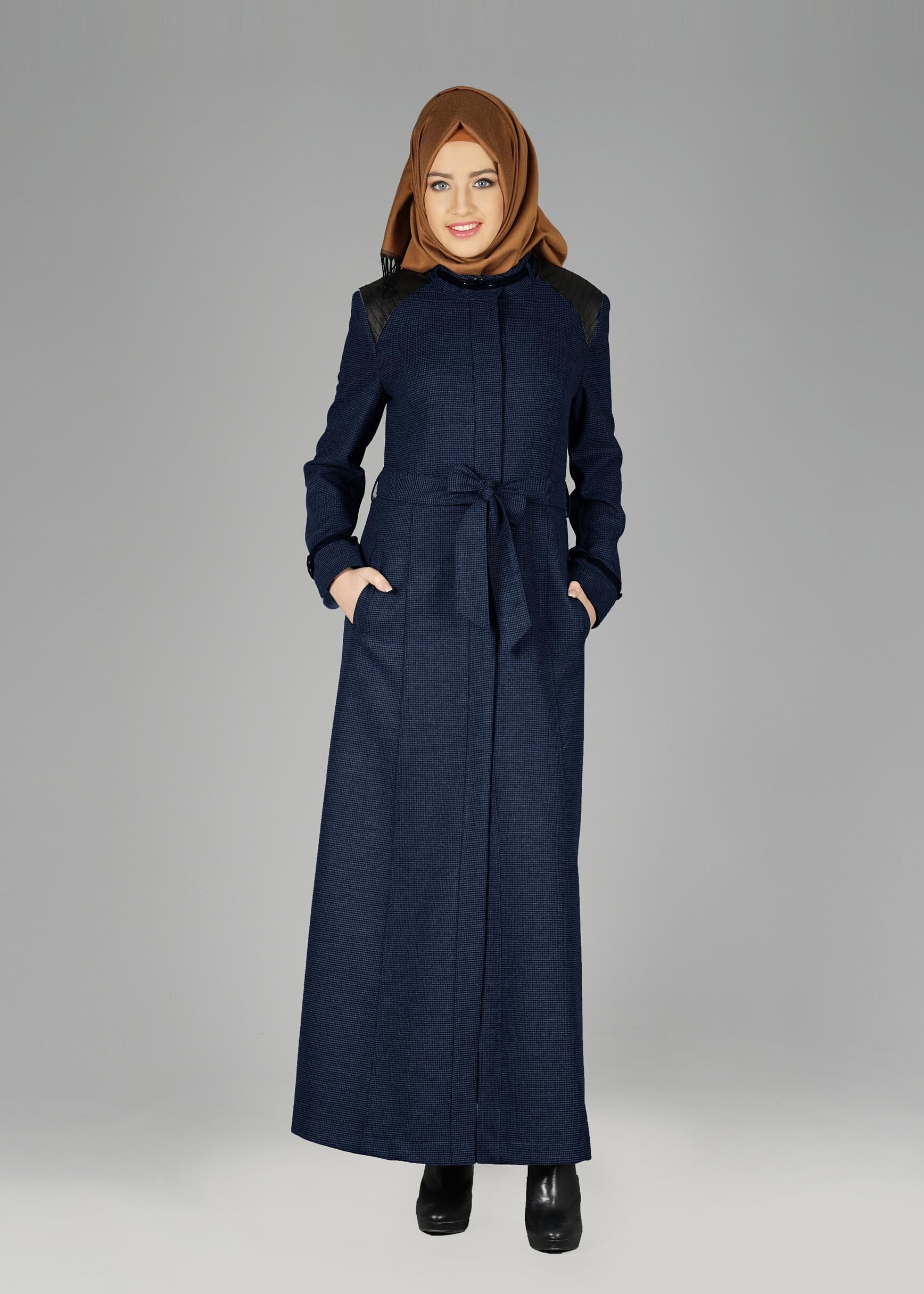 Tesettür giyim LACİVERT DOKULU KUŞAKLI PARDESÜ 1872