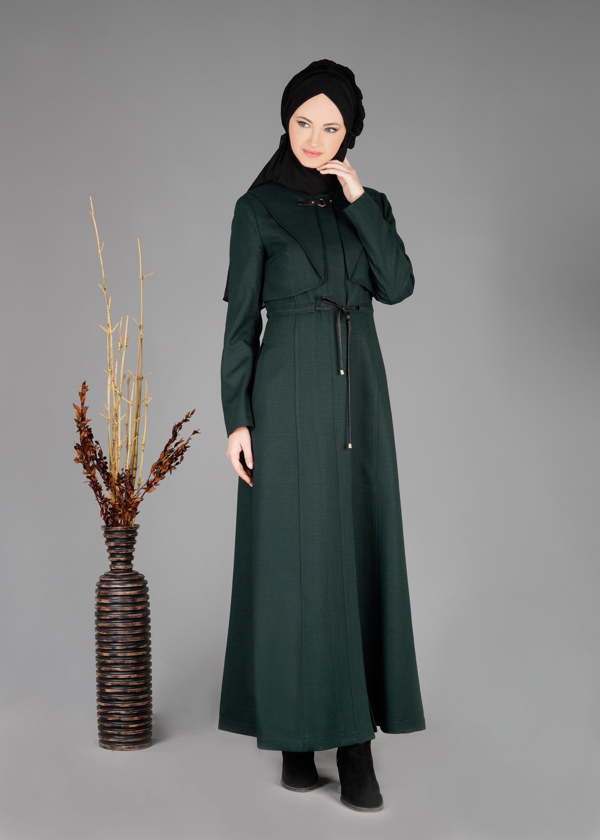 Tesettür giyim YEŞİL BELDEN BÜZGÜ BAĞCIKLI PARDESÜ 1875