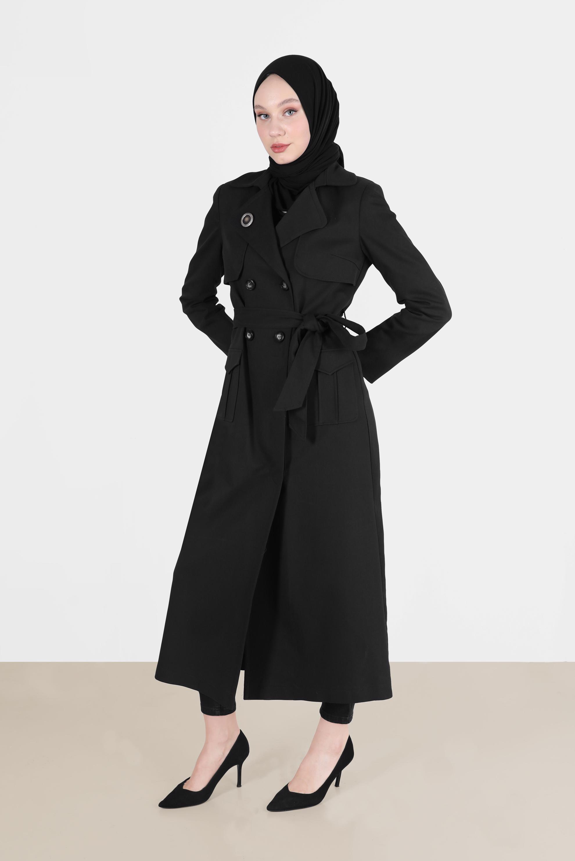 Tesettür giyim SİYAH PAMUKLU KRUVAZE PARDESÜ 1877