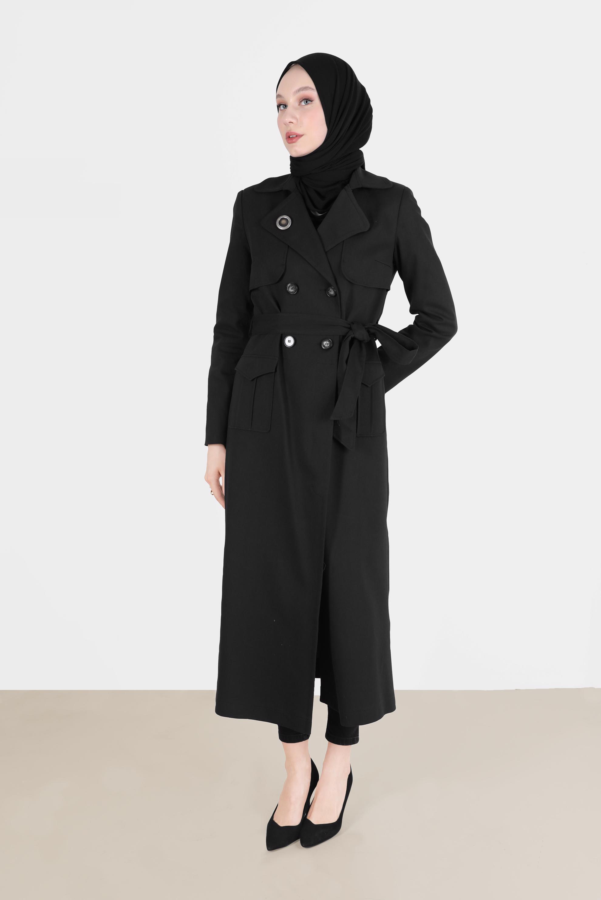 Tesettür giyim SİYAH PAMUKLU KRUVAZE PARDESÜ 1877