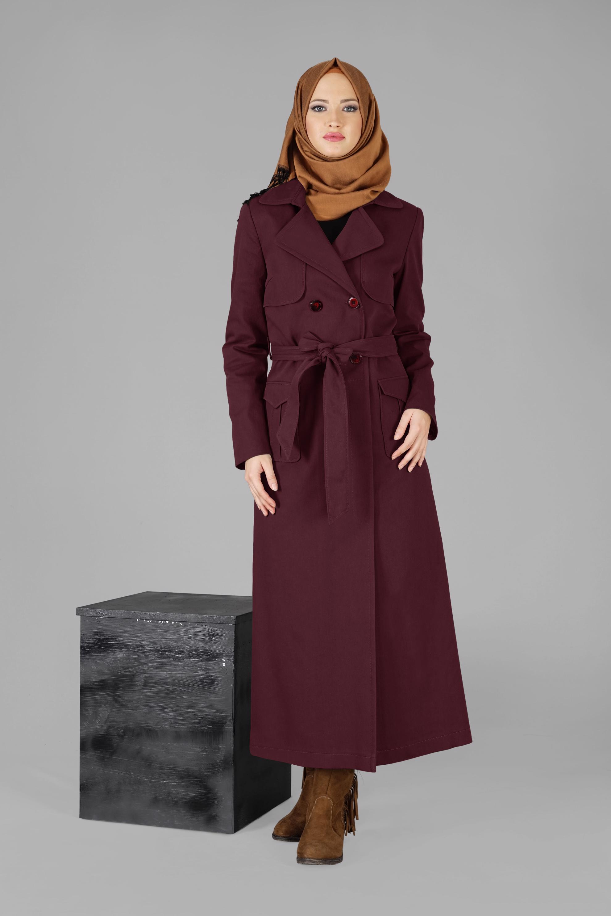 Tesettür giyim BORDO PAMUKLU KRUVAZE PARDESÜ 1877