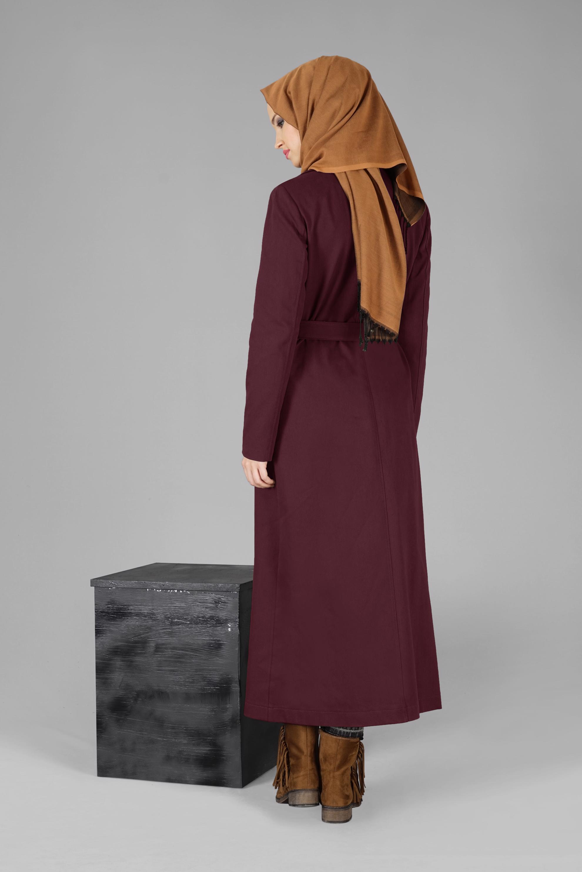 Tesettür giyim BORDO PAMUKLU KRUVAZE PARDESÜ 1877