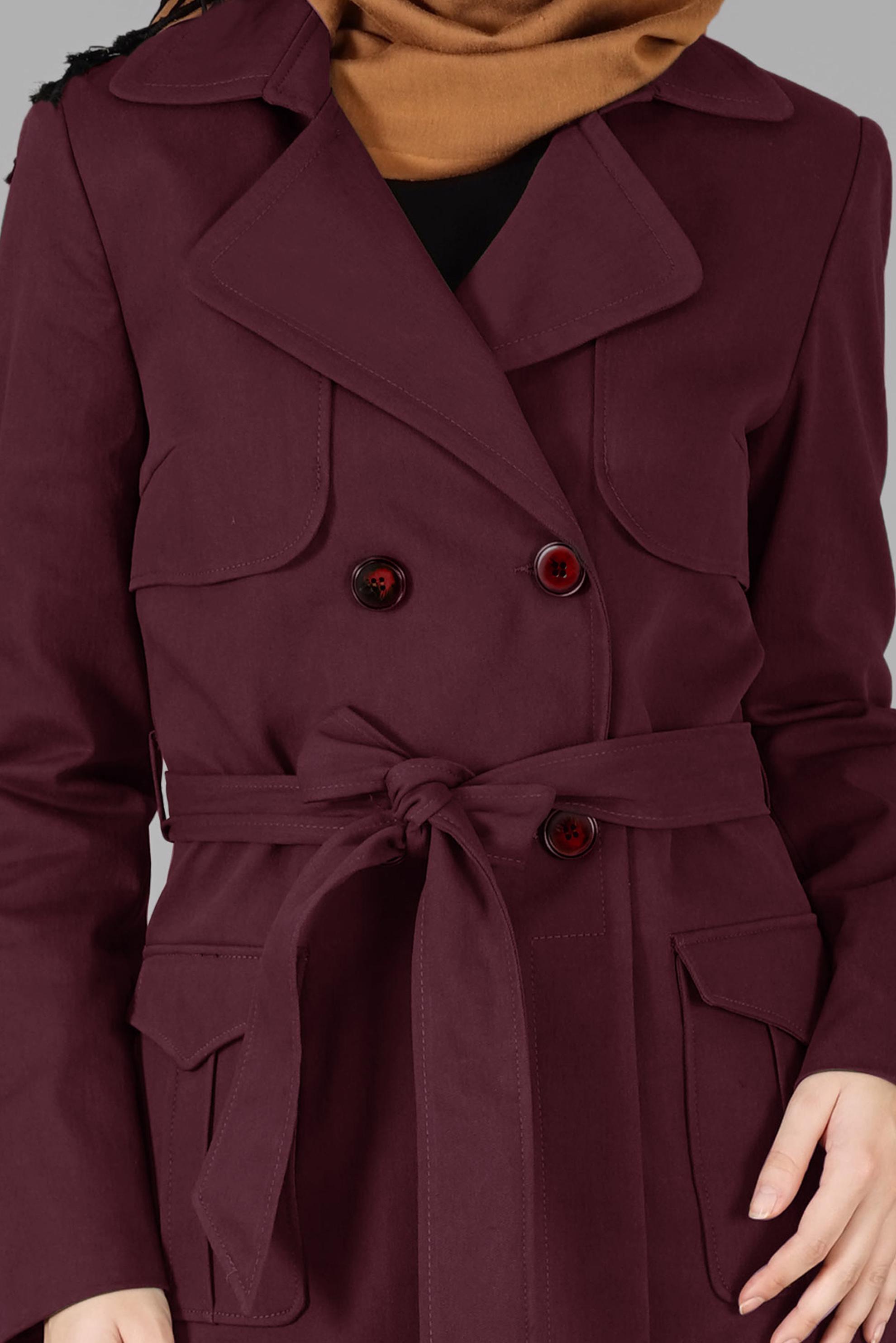 Tesettür giyim BORDO PAMUKLU KRUVAZE PARDESÜ 1877