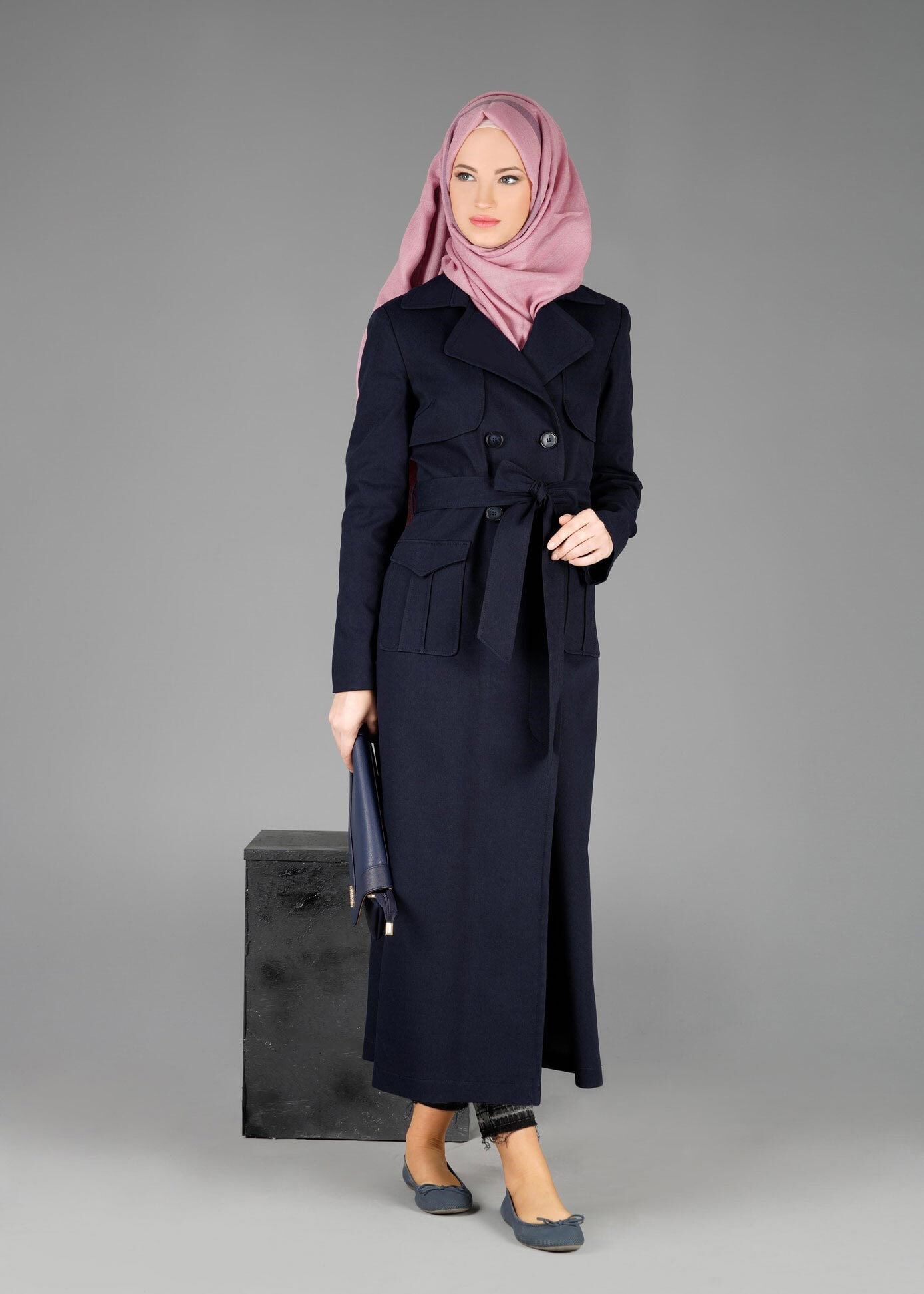 Tesettür giyim LACİVERT PAMUKLU KRUVAZE PARDESÜ 1877