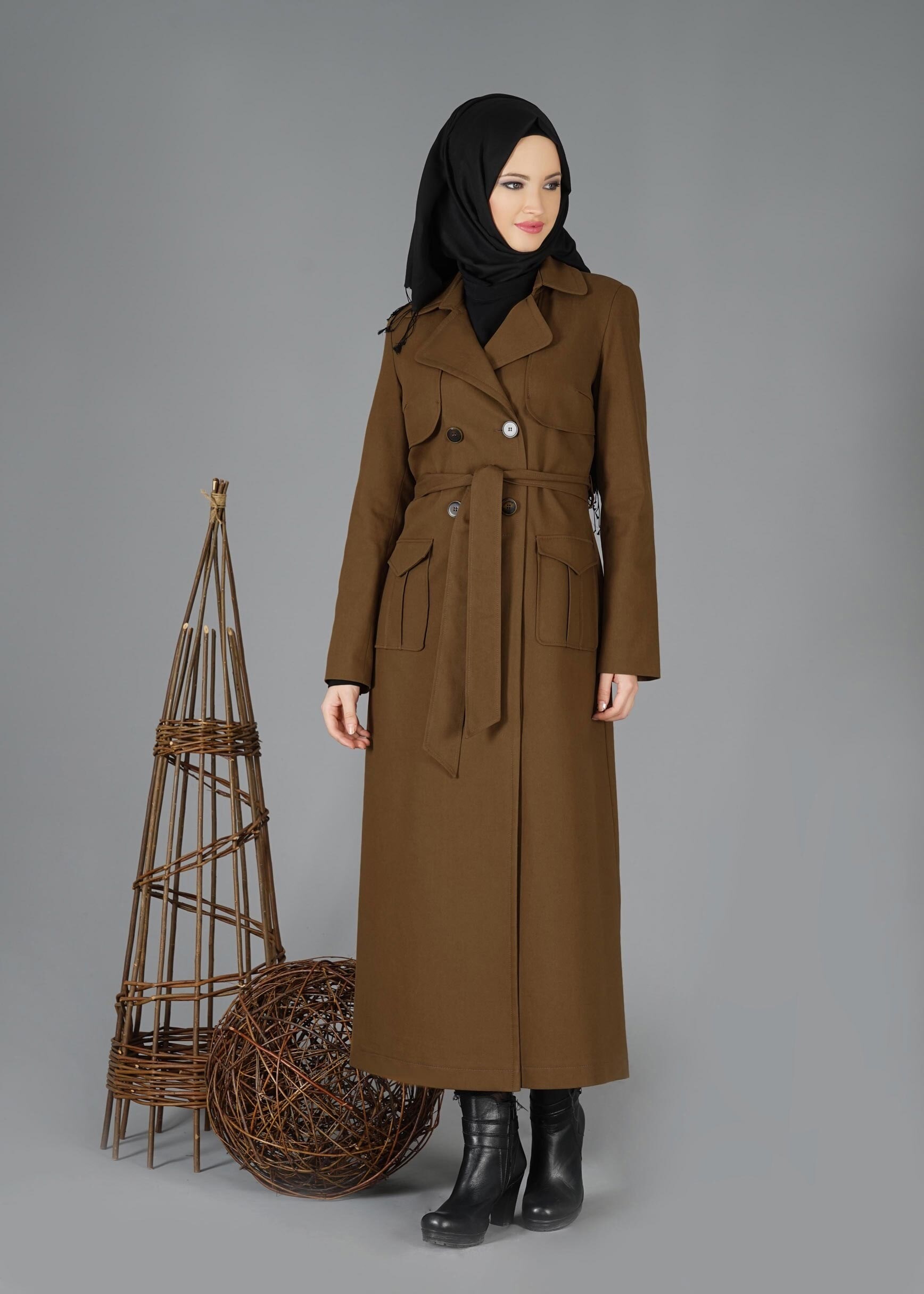 Tesettür giyim KAHVE PAMUKLU KRUVAZE PARDESÜ 1877