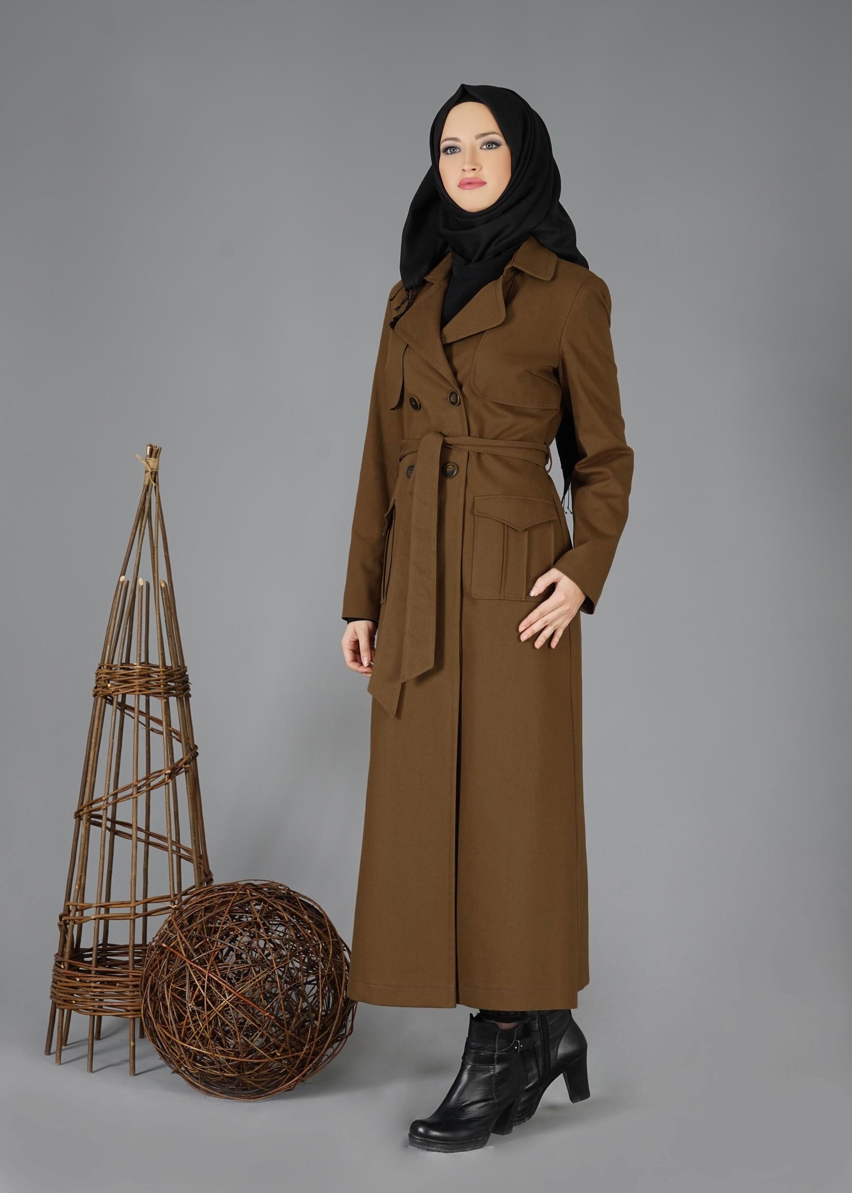 Tesettür giyim KAHVE PAMUKLU KRUVAZE PARDESÜ 1877