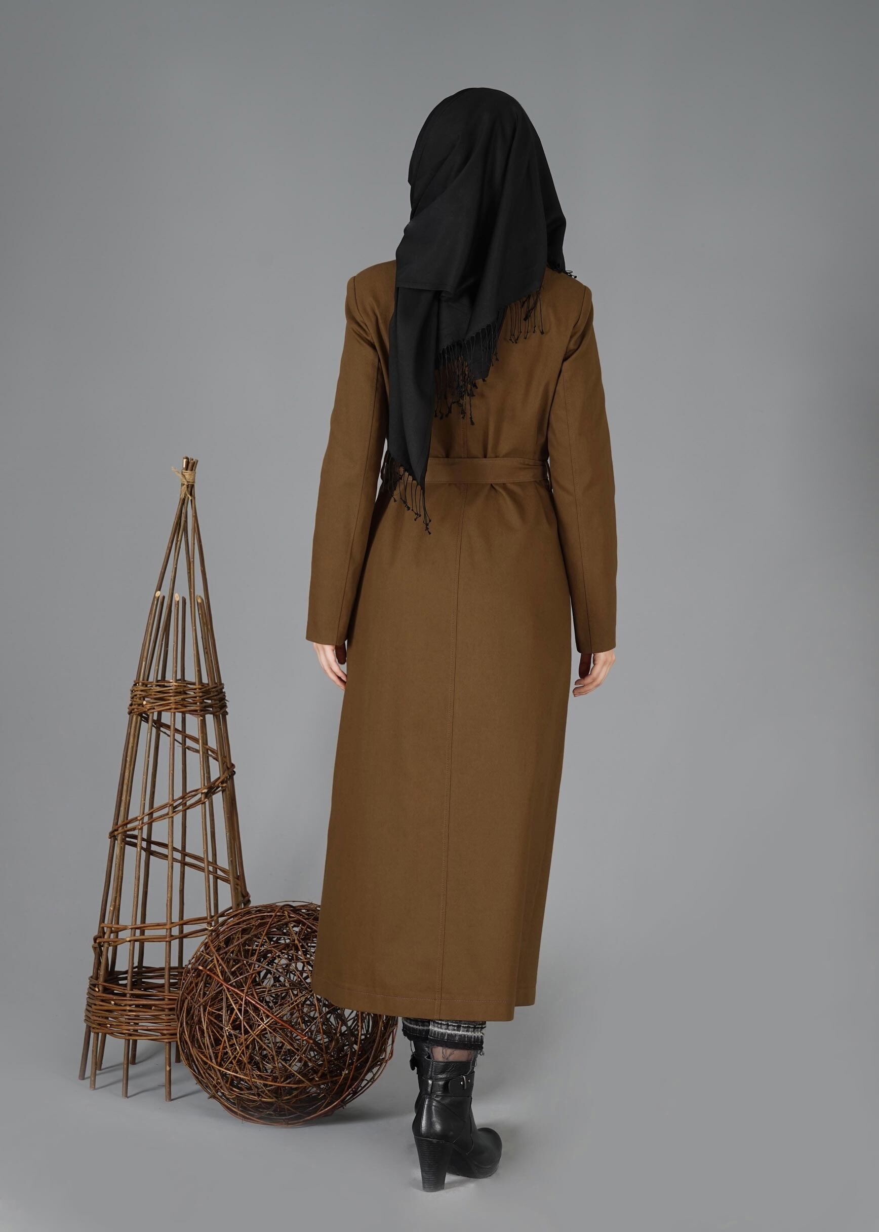 Tesettür giyim KAHVE PAMUKLU KRUVAZE PARDESÜ 1877