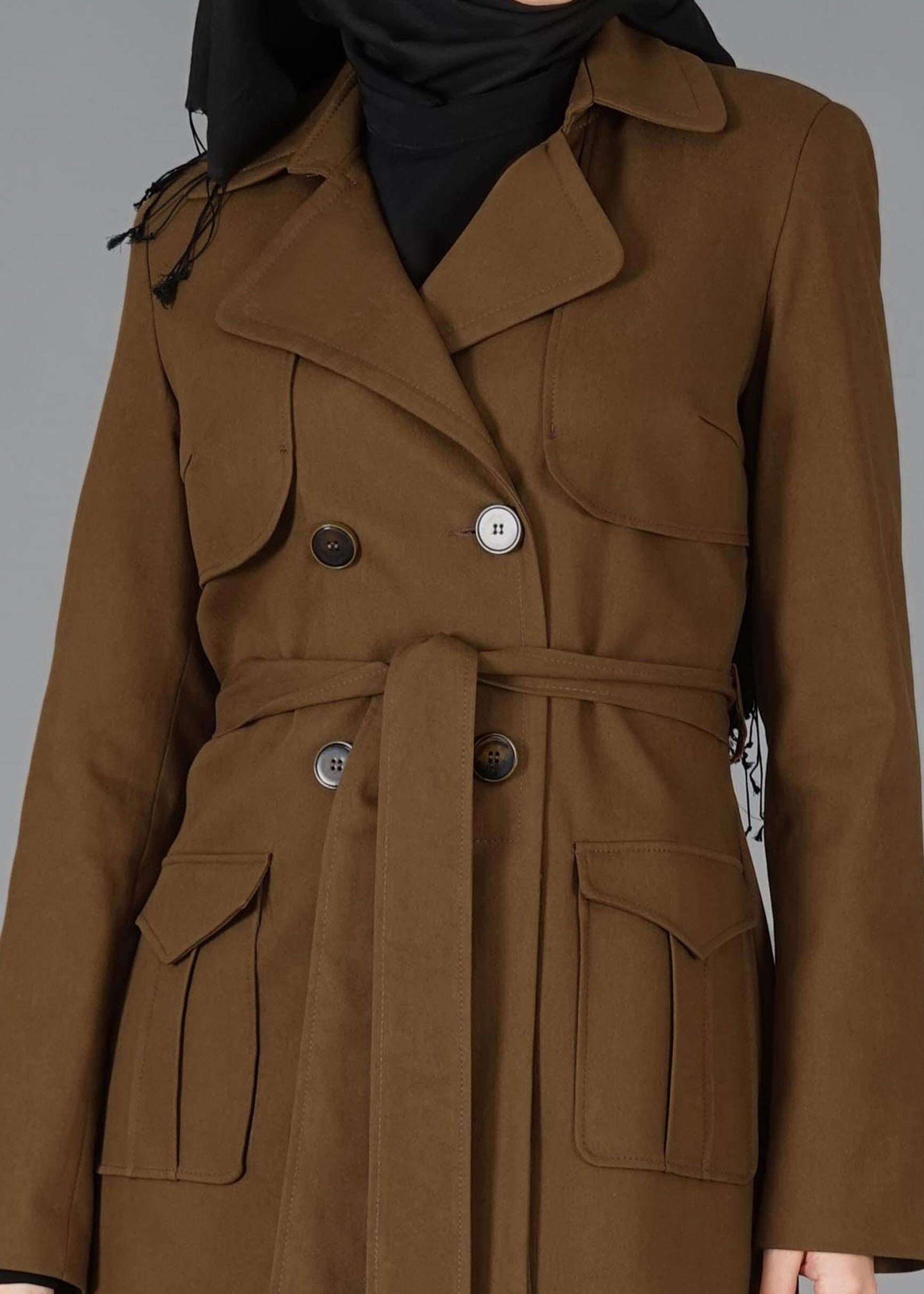 Tesettür giyim KAHVE PAMUKLU KRUVAZE PARDESÜ 1877