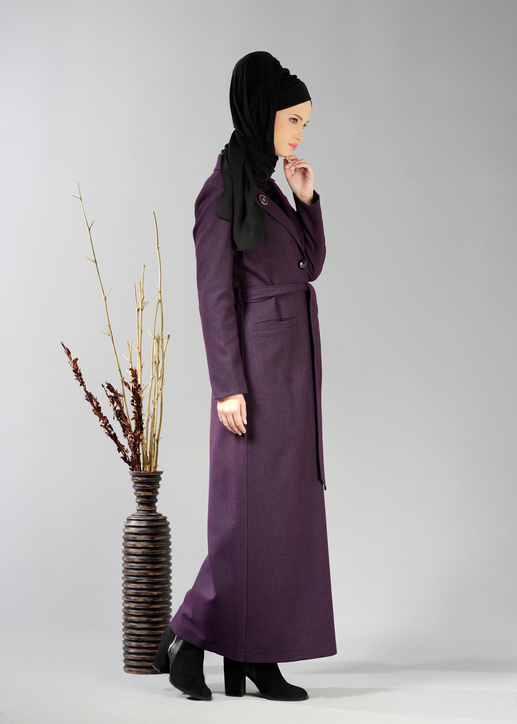 Tesettür giyim MOR KRUVAZE YAKA KUŞAKLI PARDESÜ 1878