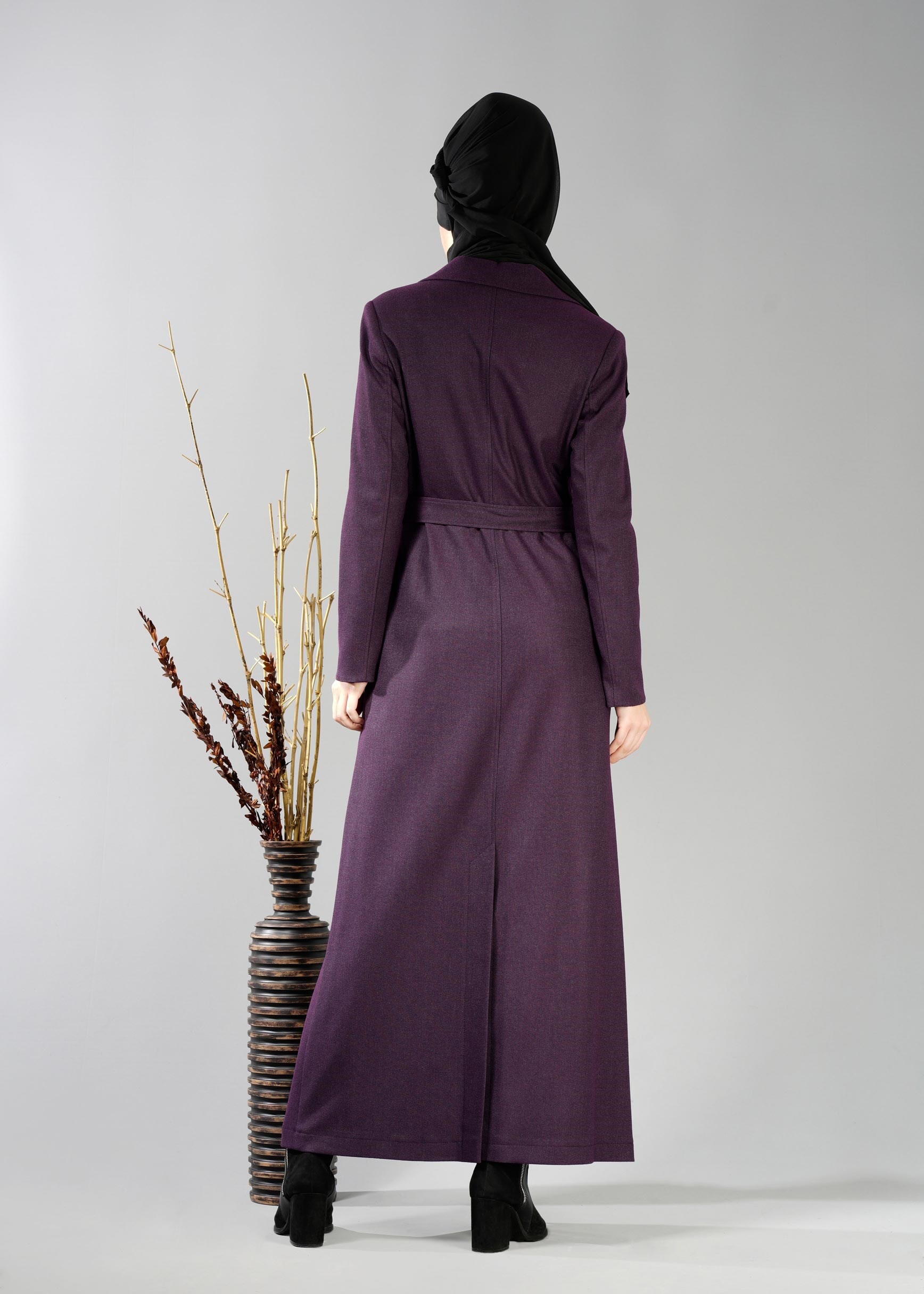 Tesettür giyim MOR KRUVAZE YAKA KUŞAKLI PARDESÜ 1878