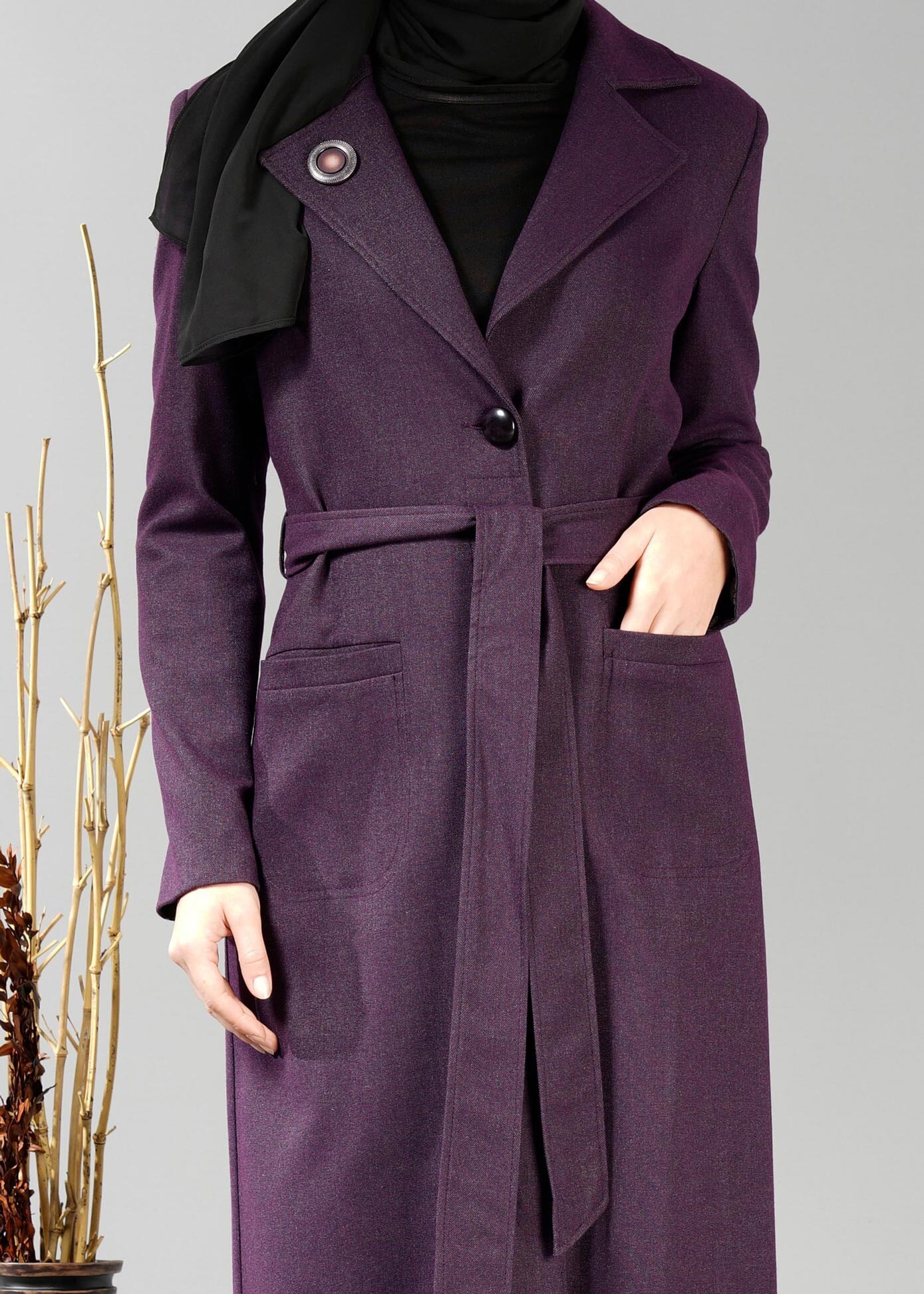 Tesettür giyim MOR KRUVAZE YAKA KUŞAKLI PARDESÜ 1878