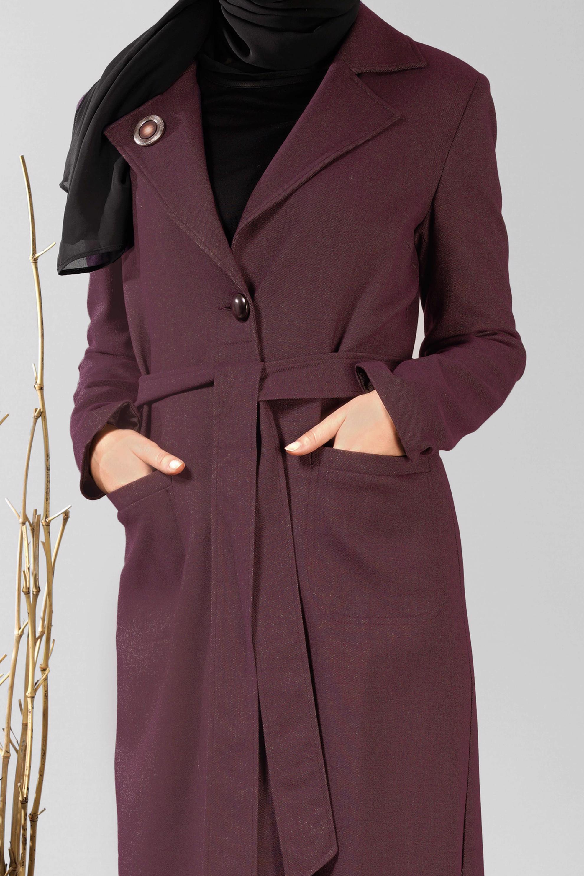 Tesettür giyim BORDO KRUVAZE YAKA KUŞAKLI PARDESÜ 1878