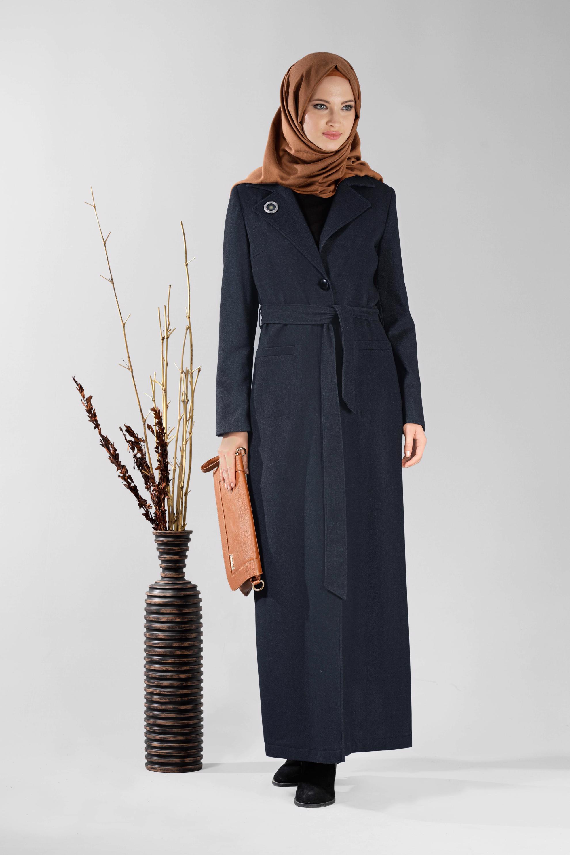 Tesettür giyim LACİVERT KRUVAZE YAKA KUŞAKLI PARDESÜ 1878