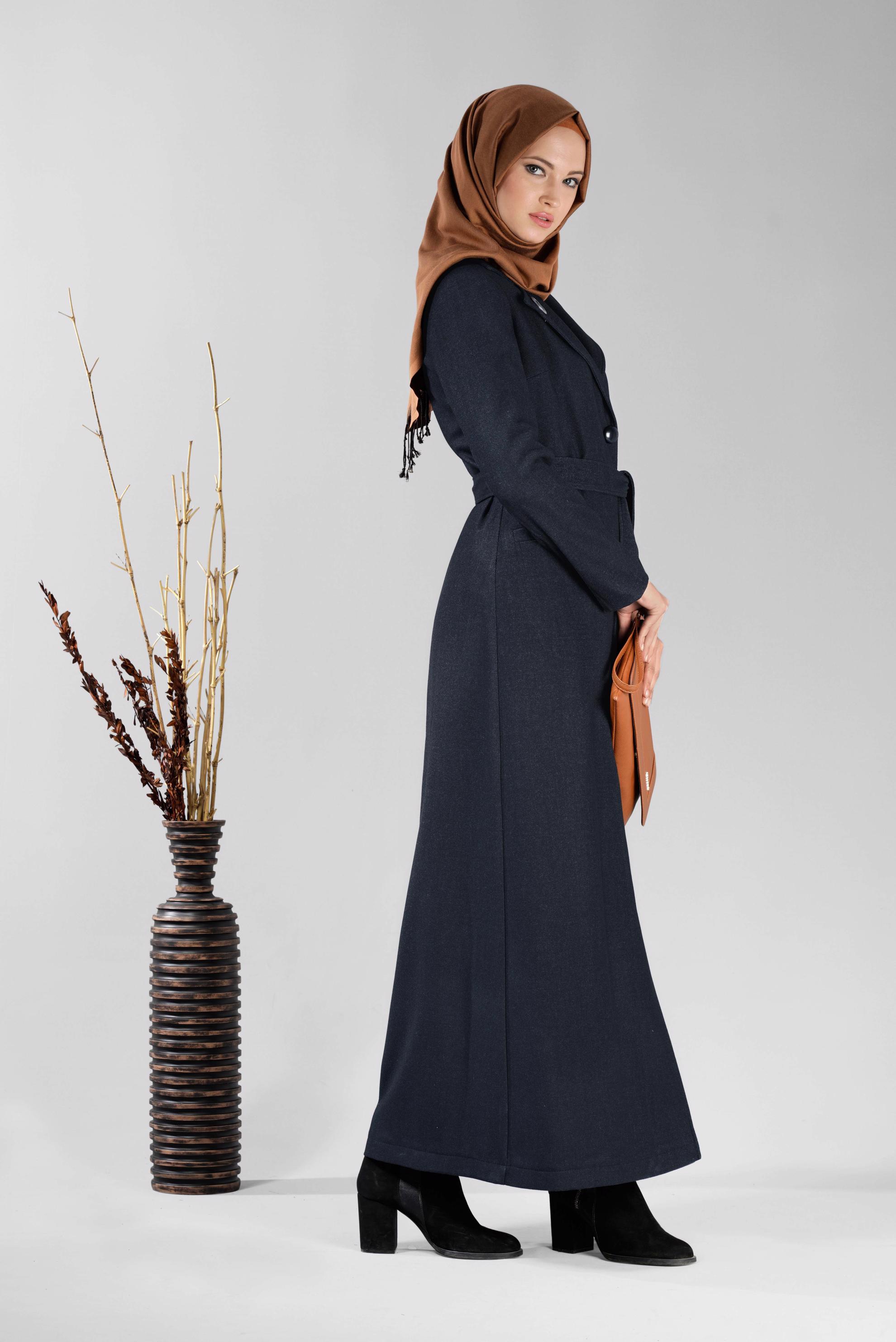 Tesettür giyim LACİVERT KRUVAZE YAKA KUŞAKLI PARDESÜ 1878