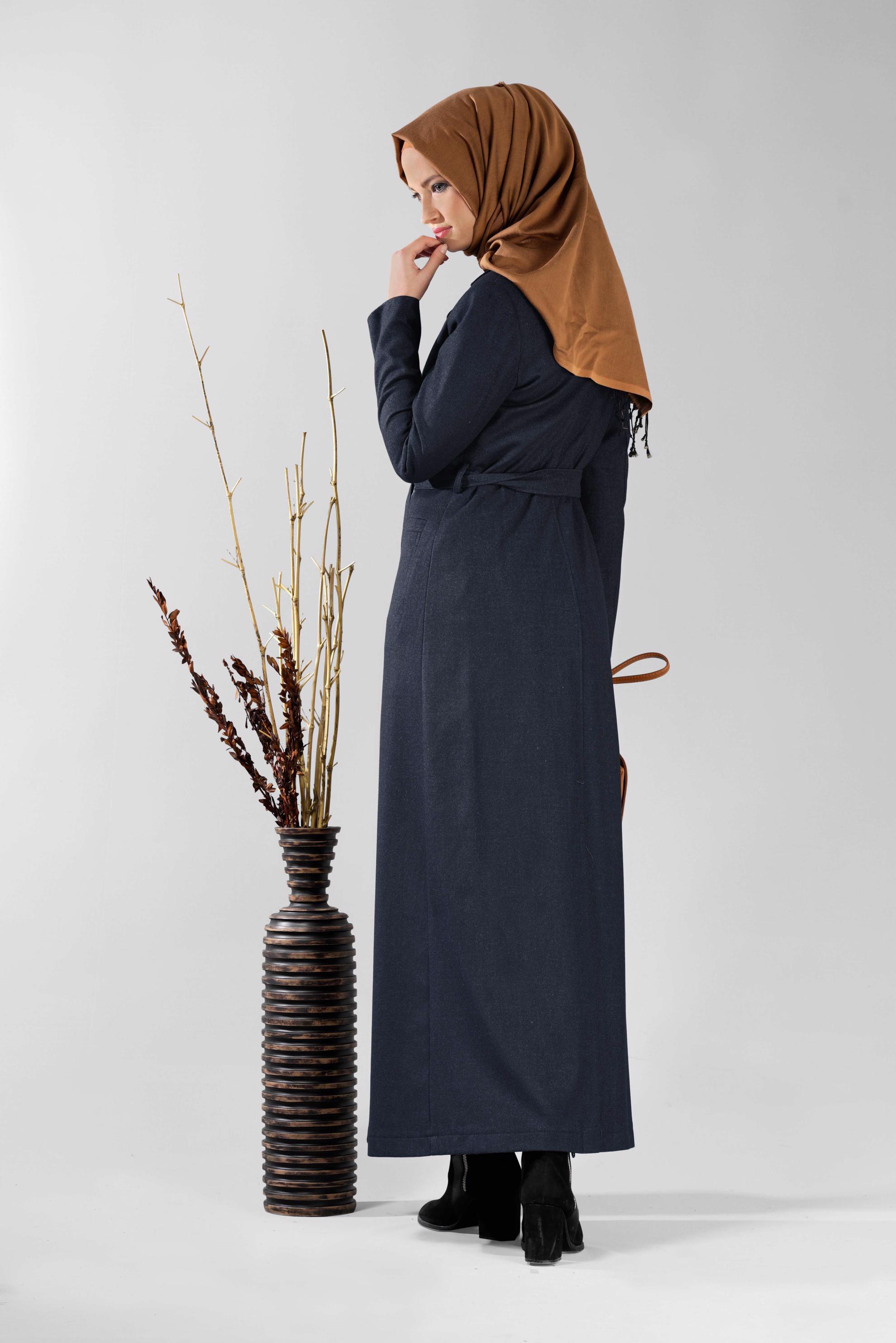 Tesettür giyim LACİVERT KRUVAZE YAKA KUŞAKLI PARDESÜ 1878