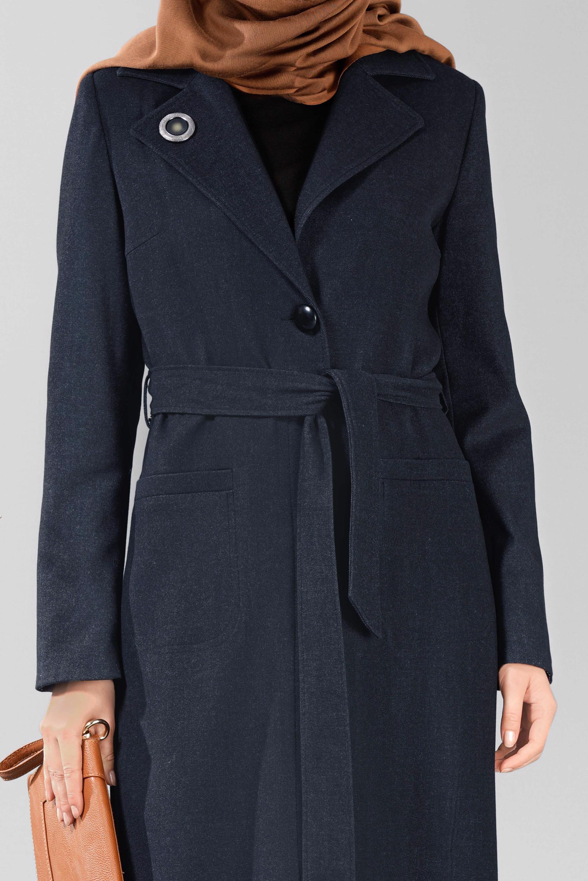 Tesettür giyim LACİVERT KRUVAZE YAKA KUŞAKLI PARDESÜ 1878