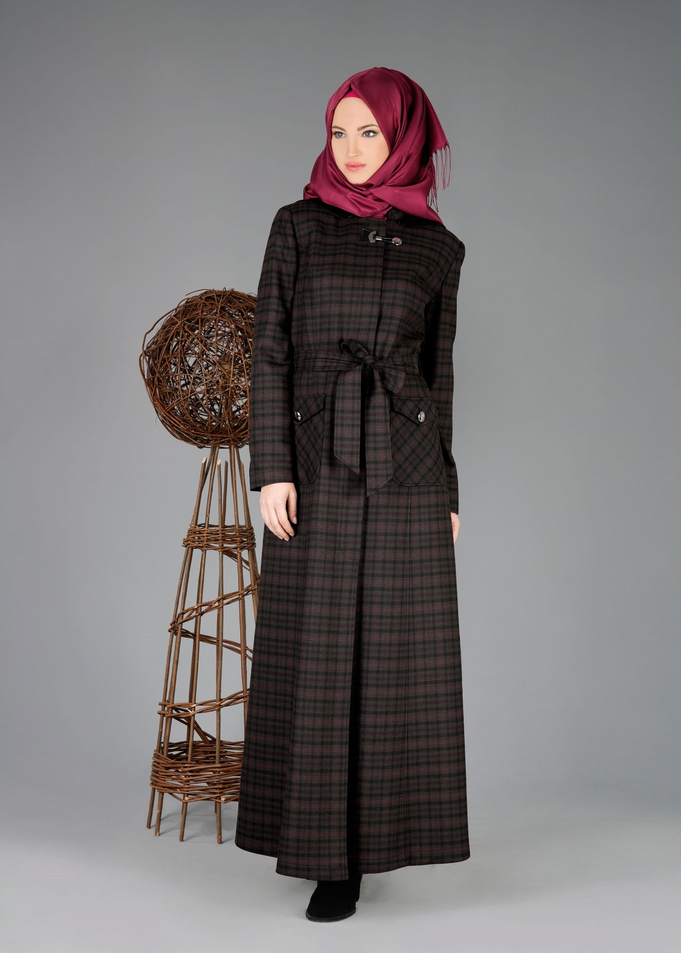 Tesettür giyim KAHVE EKOSELİ KUŞAKLI PARDESÜ 1881