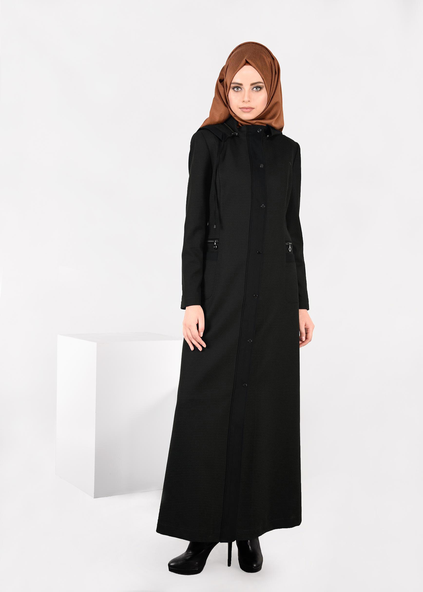 Tesettür giyim KAHVE KAPÜŞONLU ÇITÇITLI PARDESÜ 1883