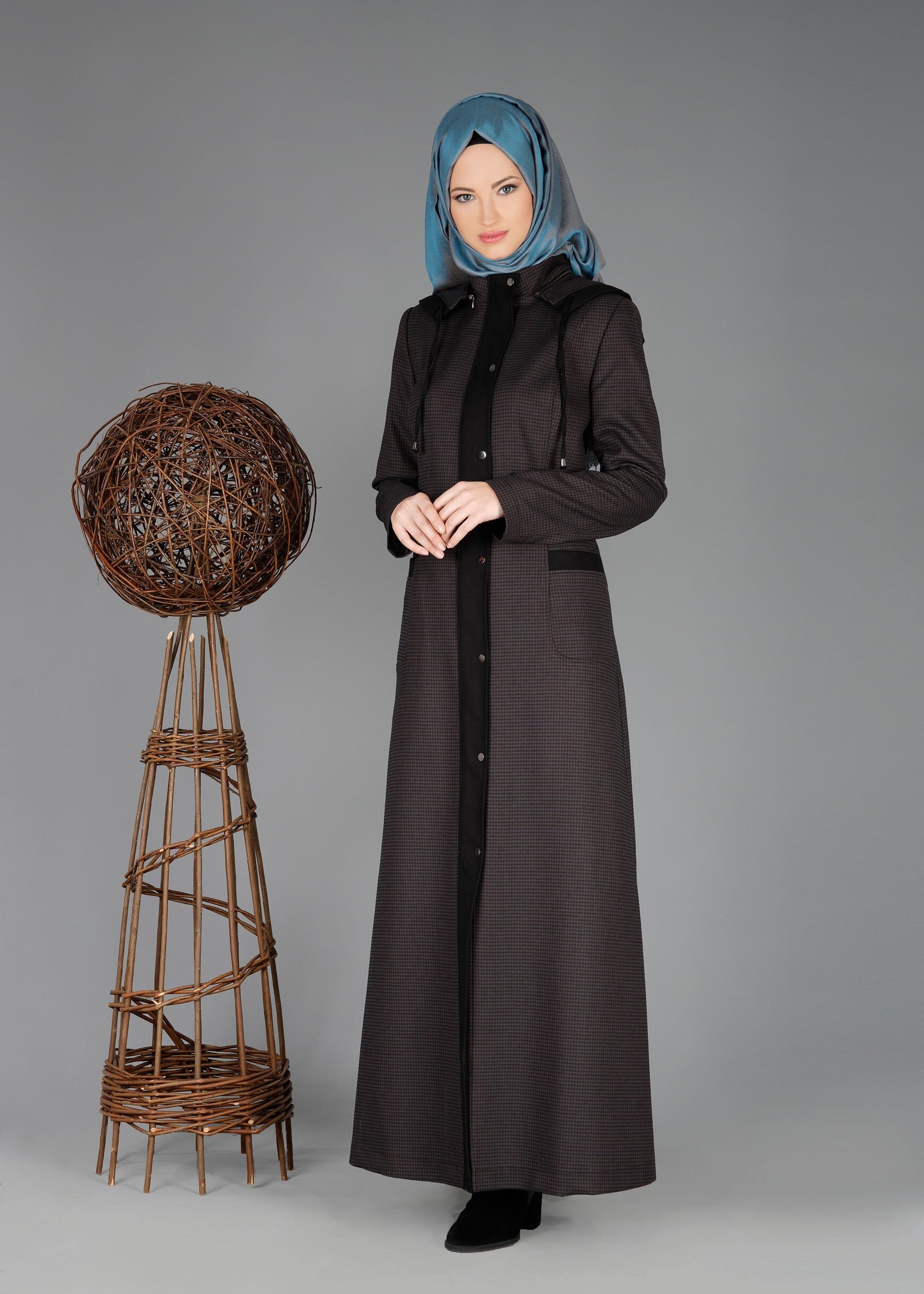 Tesettür giyim KAHVE KAPÜŞONLU ÇITÇITLI PARDESÜ 1883