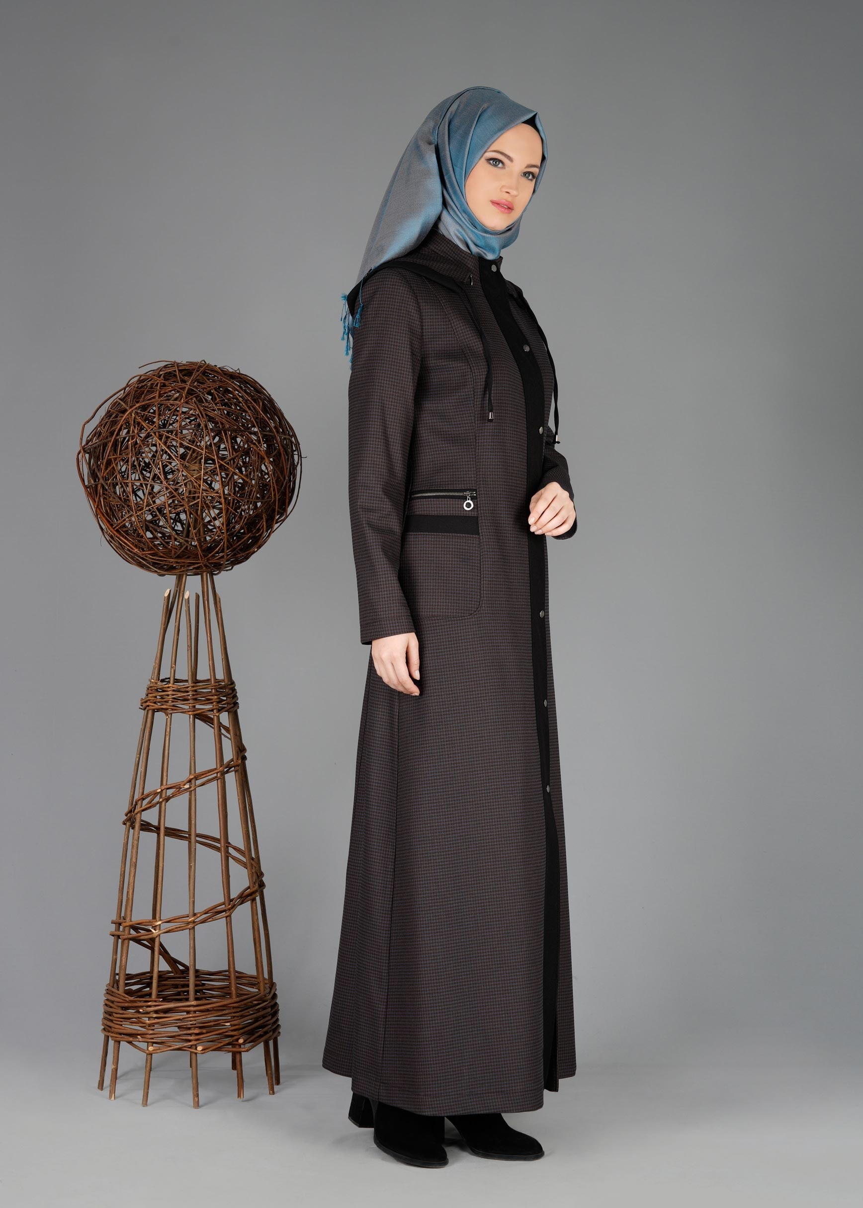 Tesettür giyim KAHVE KAPÜŞONLU ÇITÇITLI PARDESÜ 1883