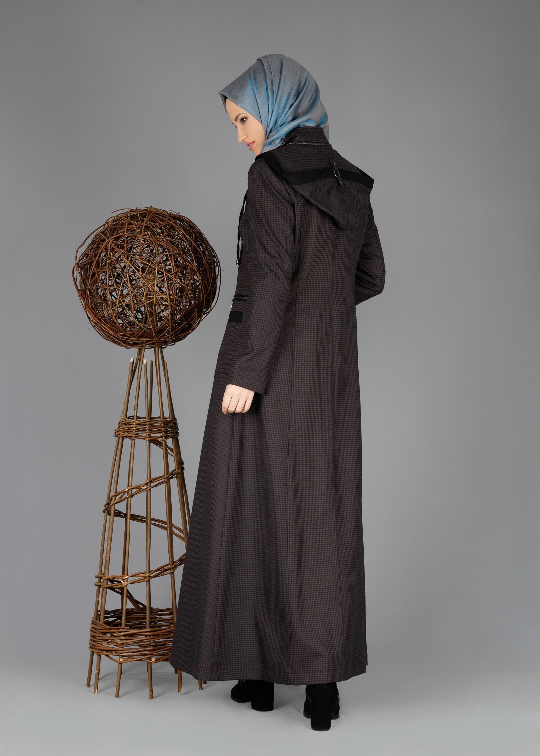 Tesettür giyim KAHVE KAPÜŞONLU ÇITÇITLI PARDESÜ 1883