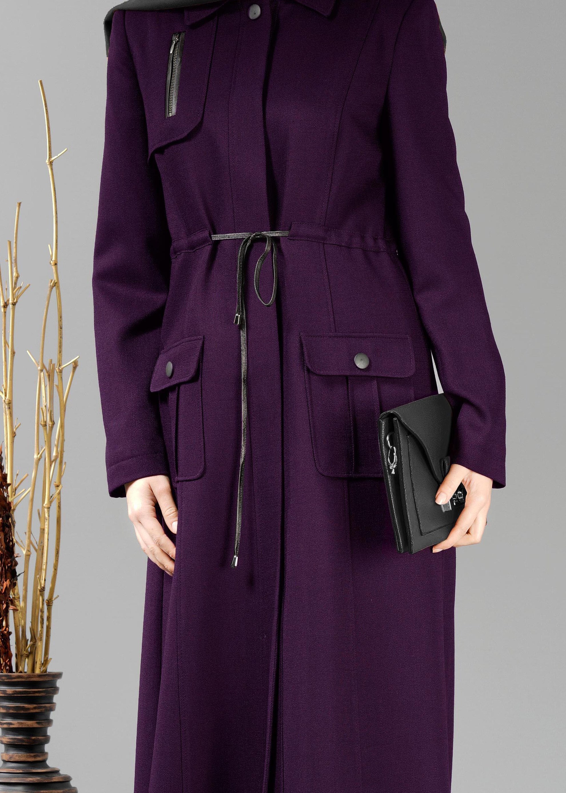 Tesettür giyim MOR BELİ BÜZGÜLÜ CEP DETAYLI PARDESÜ 1884