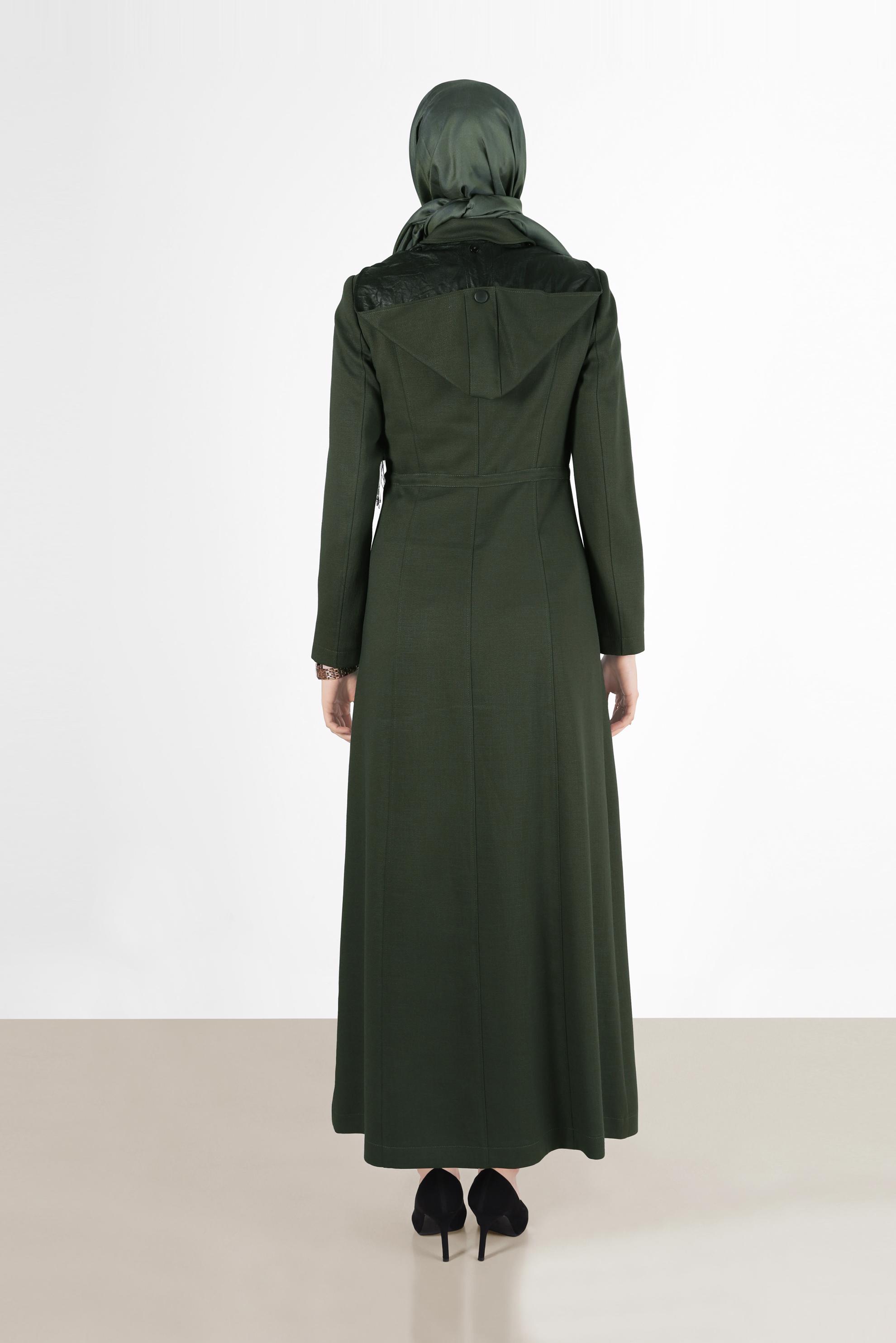 Tesettür giyim HAKİ BELİ BÜZGÜLÜ CEP DETAYLI PARDESÜ 1884