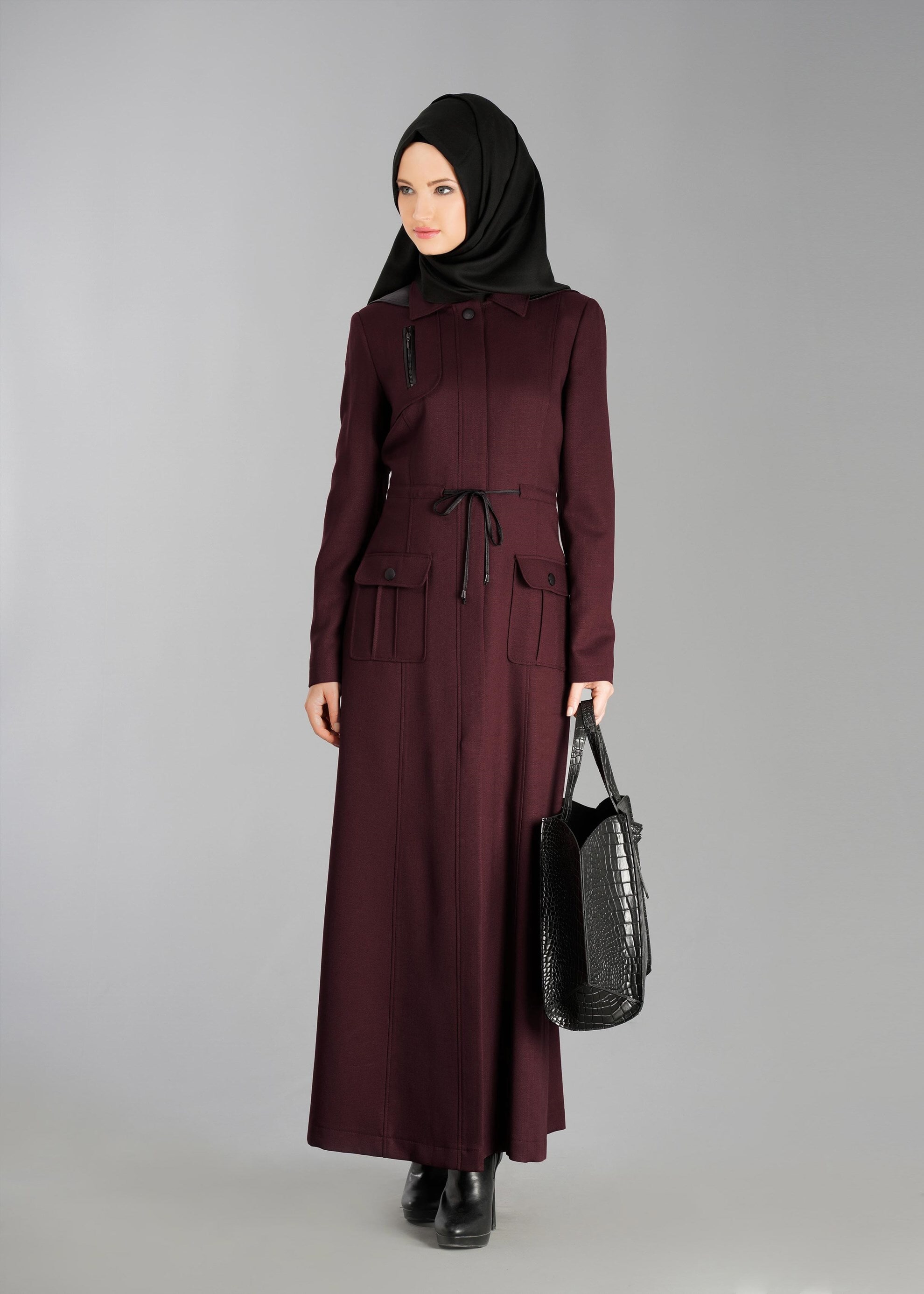 Tesettür giyim MÜRDÜM BELİ BÜZGÜLÜ CEP DETAYLI PARDESÜ 1884