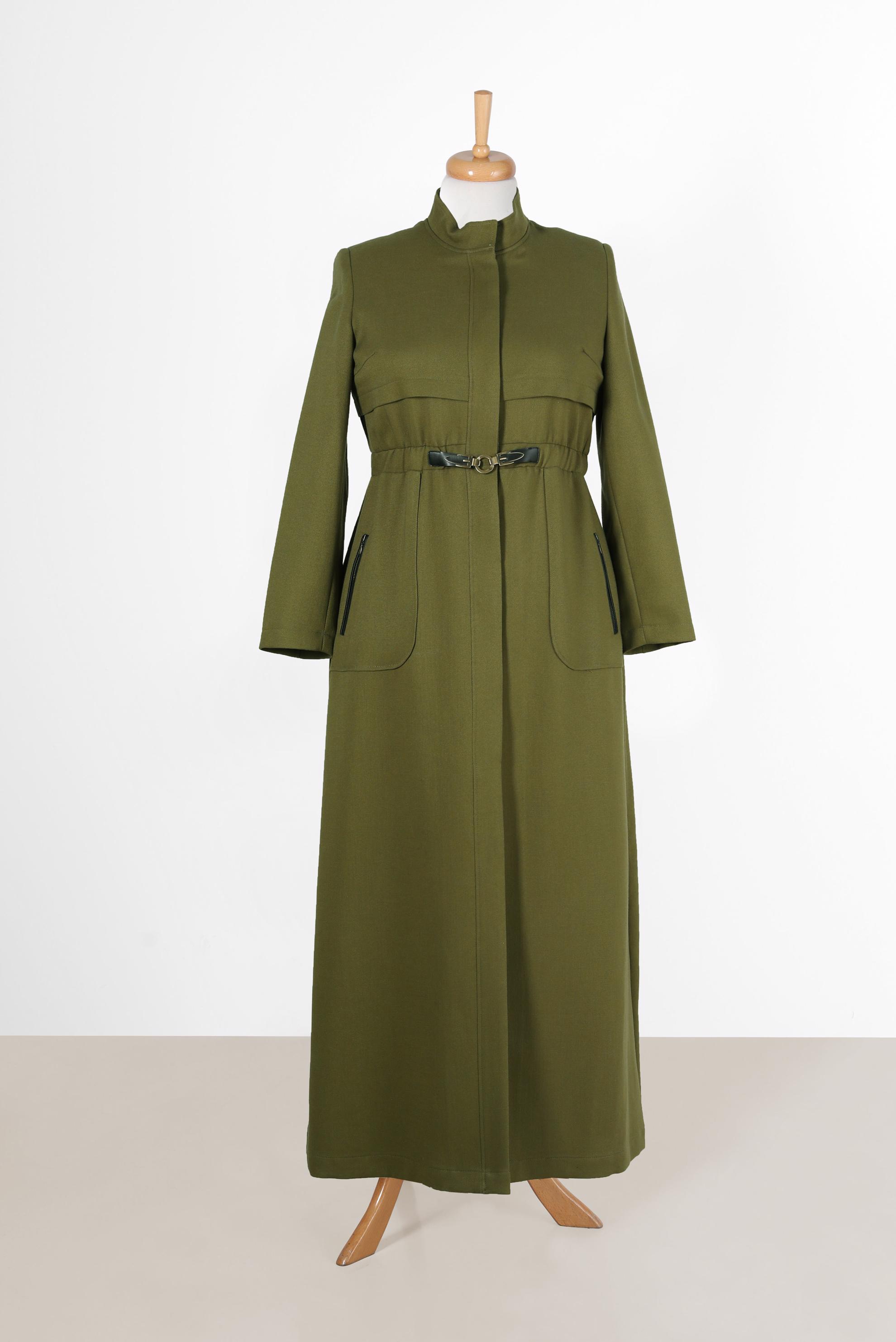 Tesettür giyim YEŞİL GİZLİ DÜĞMELİ BELİ LASTİKLİ PARDESÜ 1889